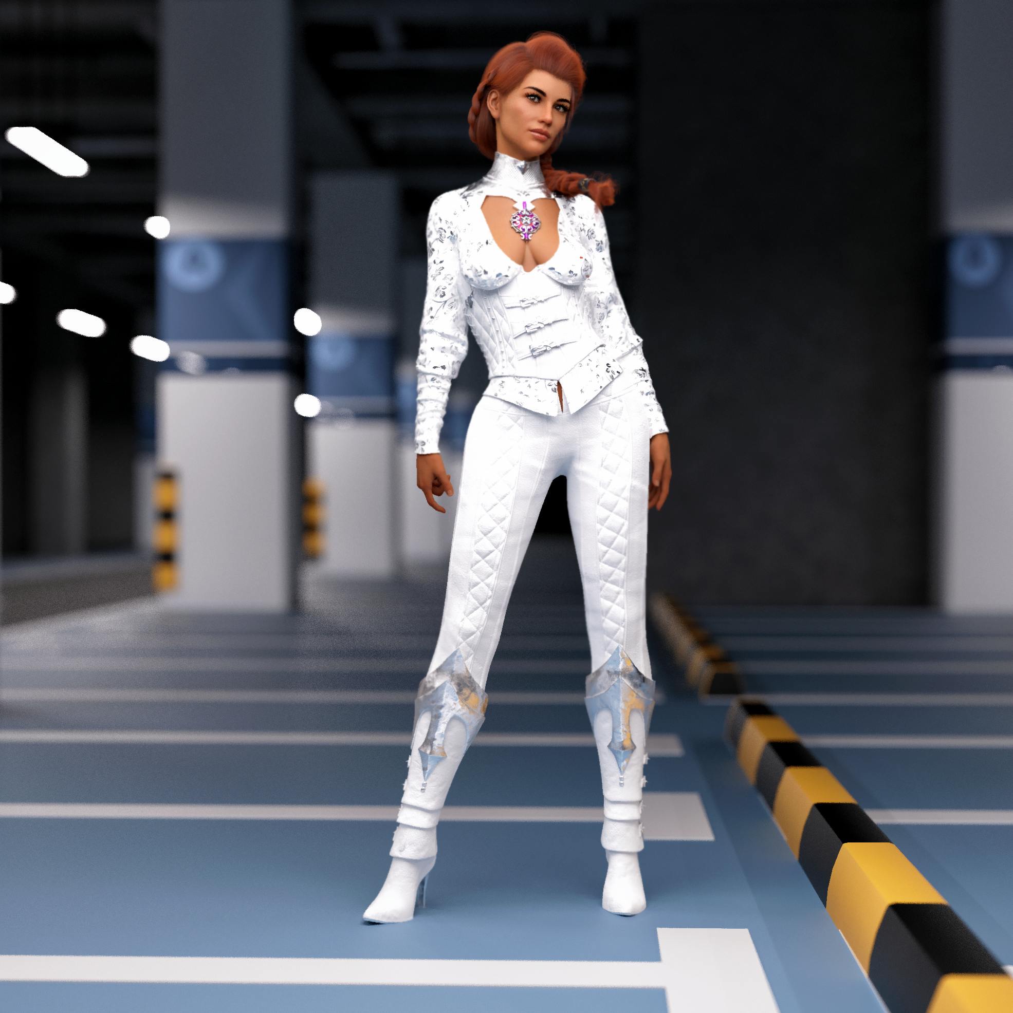 Underground White Belt 3D Render CGi Women Redhead Parking Garage Standing Heels White Heels Necklac 1971x1972