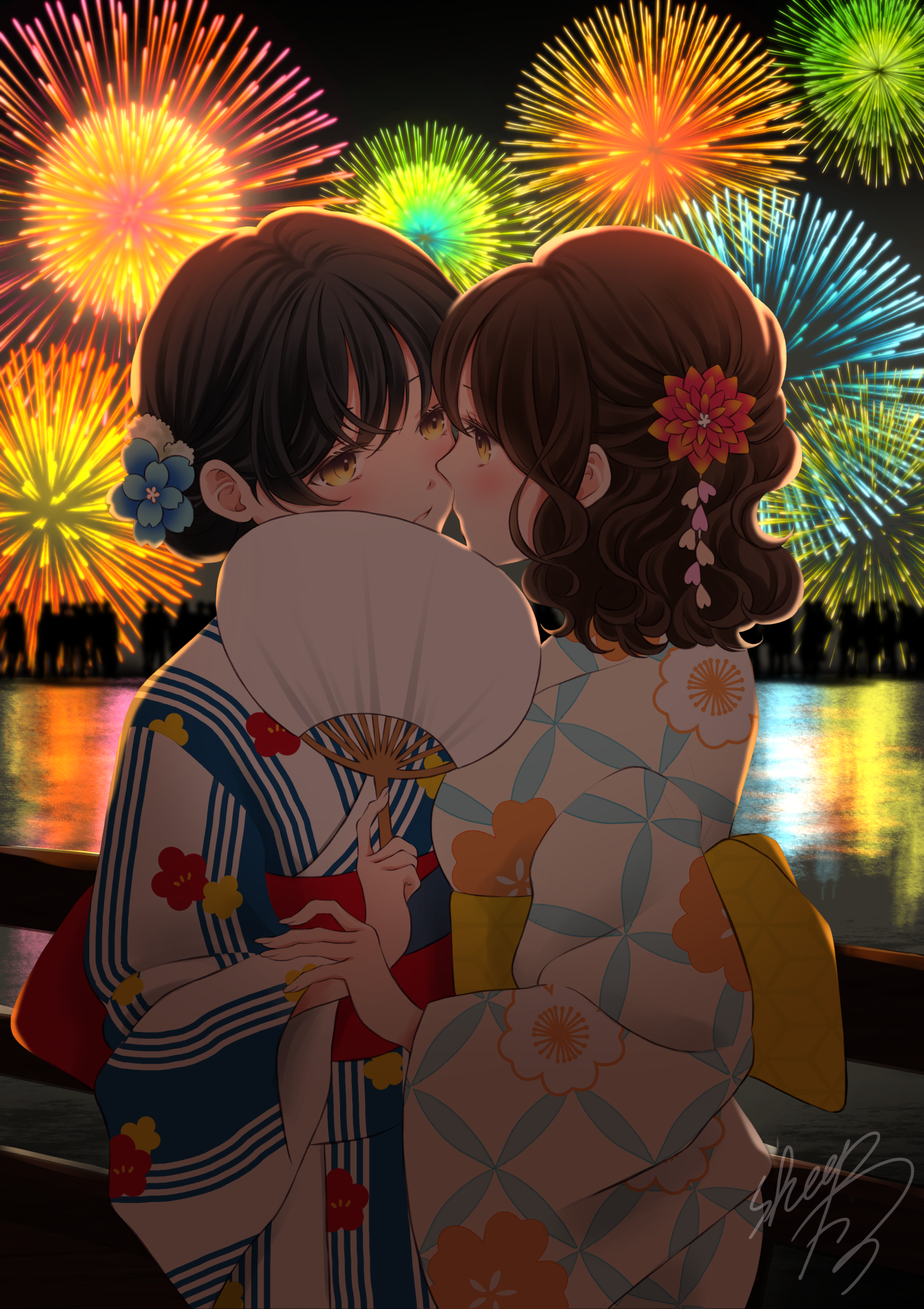 Anime Anime Girls Digital Art Artwork 2D Portrait Display Vertical Sheepd Fireworks Yukata Brunette  1500x2125