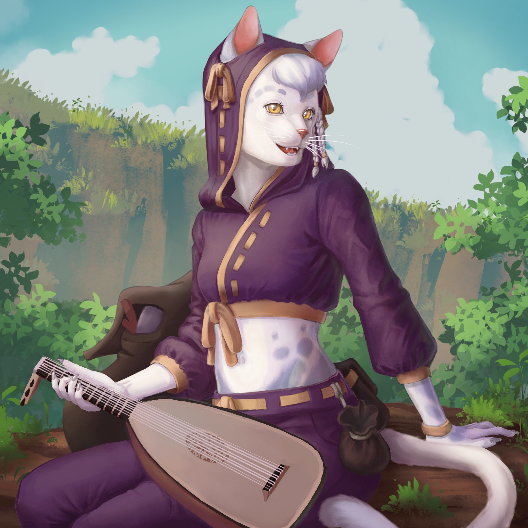 Women Cat Ears Yellow Eyes Lute Sitting Looking At The Side Digital Art Digital Painting Cats Tail D 2048x2048