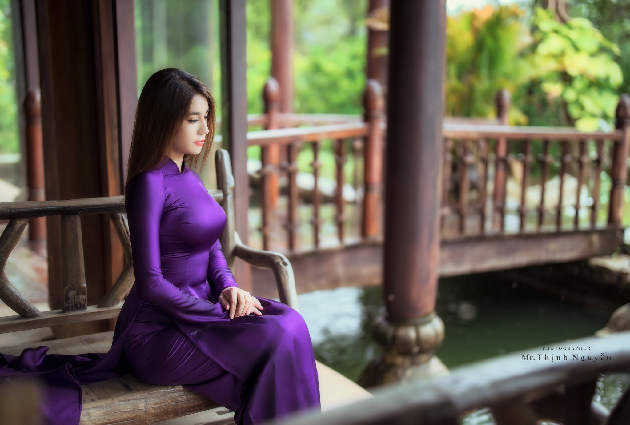 Asian Model Women Long Hair Brunette Violet Dress Sitting Traditional Clothing Pavilion 2047x1381