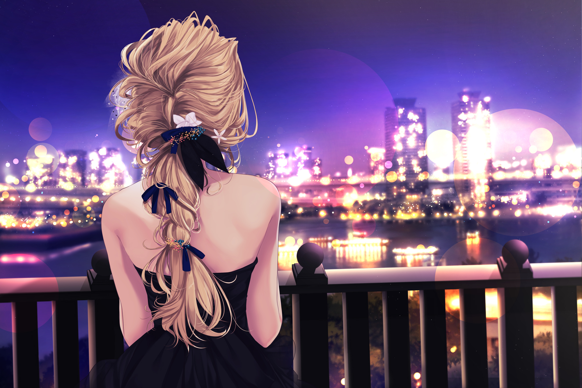 Blonde Back Ponytail Night Cityscape City Lights Dress Bare Shoulders Looking Away Anime Girls Sasah 2000x1333