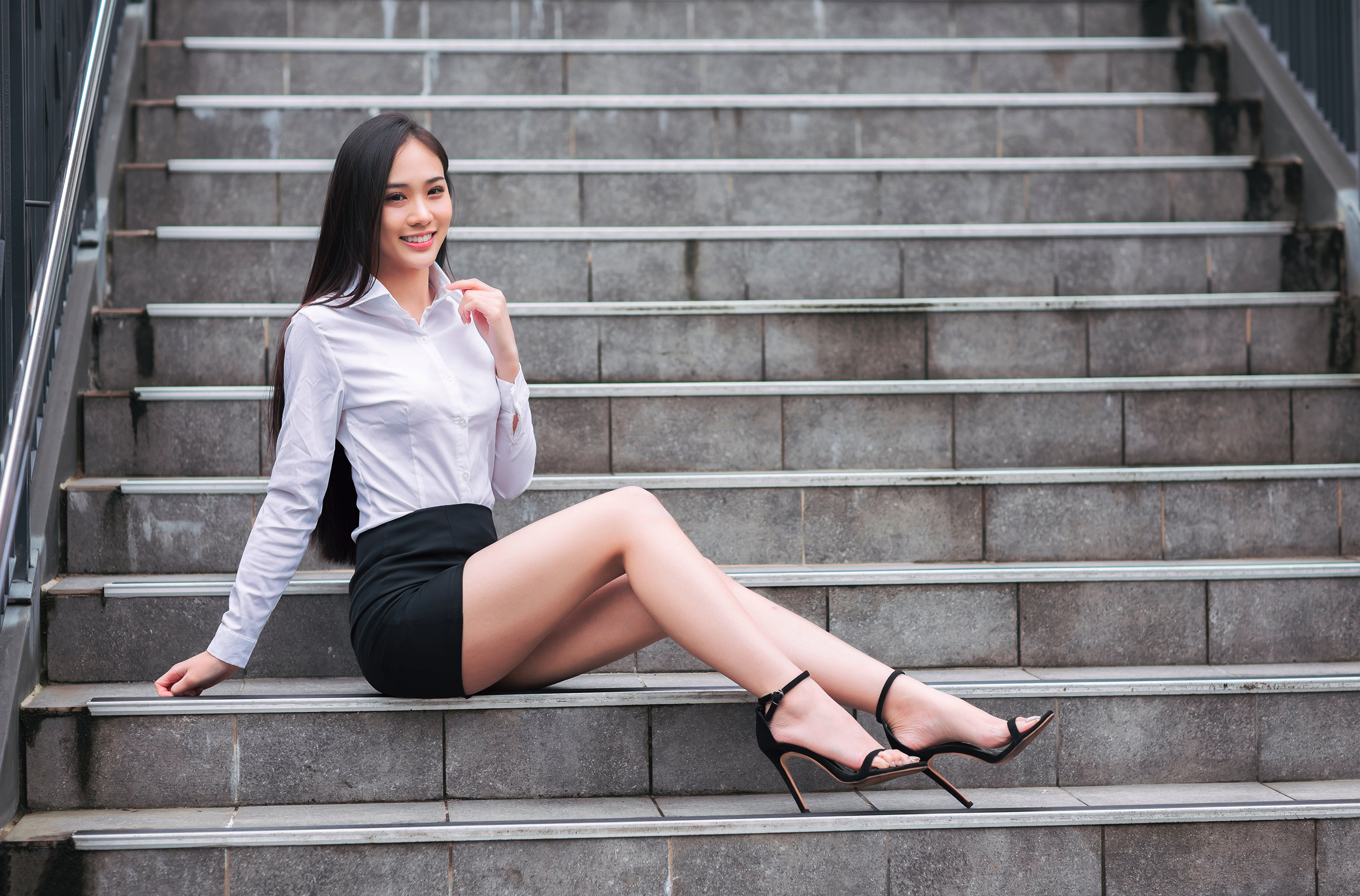 Asian Model Women Long Hair Brunette Black Skirts Blouse Sitting Stairs Barefoot Sandal Heels Short  3840x2531