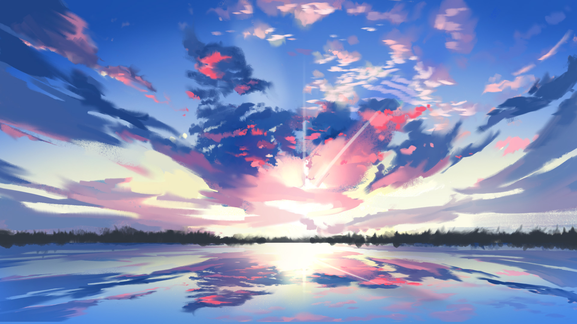 LV Digital Art Sky Clouds Reflection Lake Trees Blue Sunlight 1920x1080