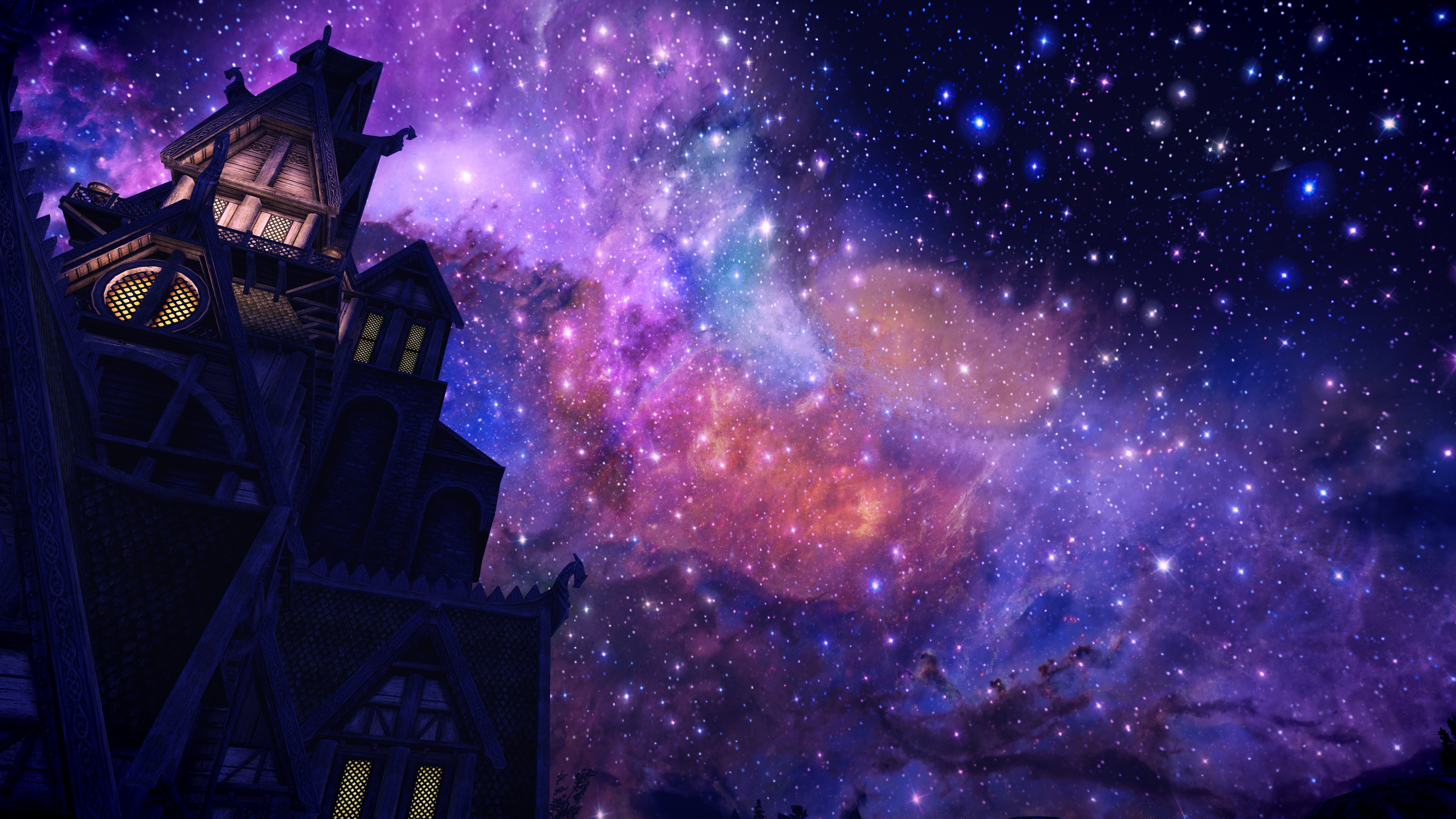 Skyrim Remastered Sky Purple Galaxy Landscape Blue Whiterun Stars 3840x2160