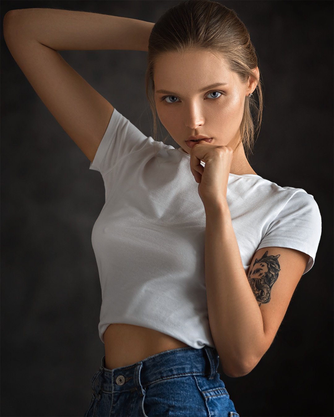 Evgeny Sibiraev Women Model Gray Eyes Arms Behind Head Jeans White Tops Finger On Lips Inked Girls B 1080x1350
