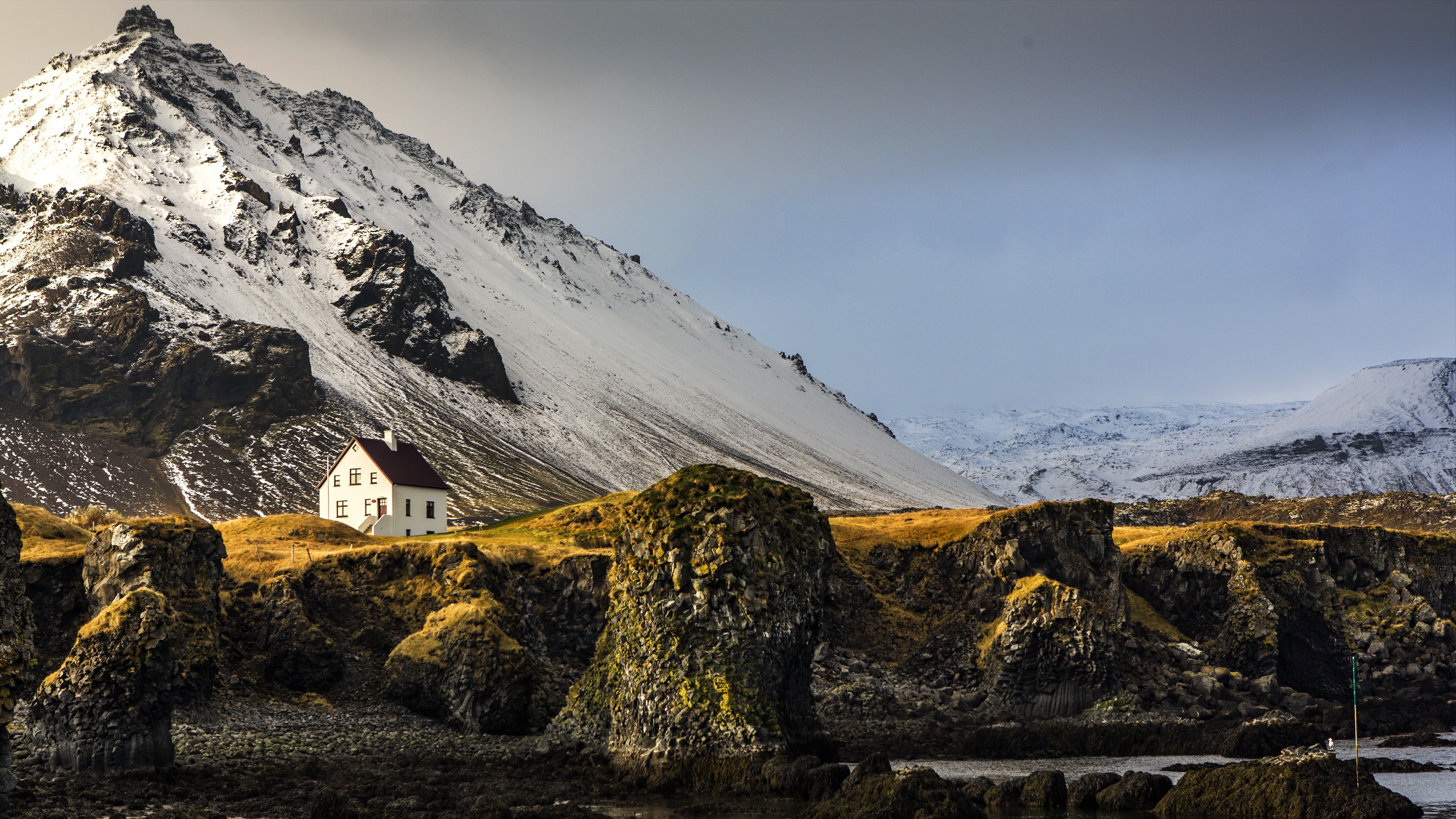 Iceland Mountains House Snow Sky Landscape Nature 3840x2160
