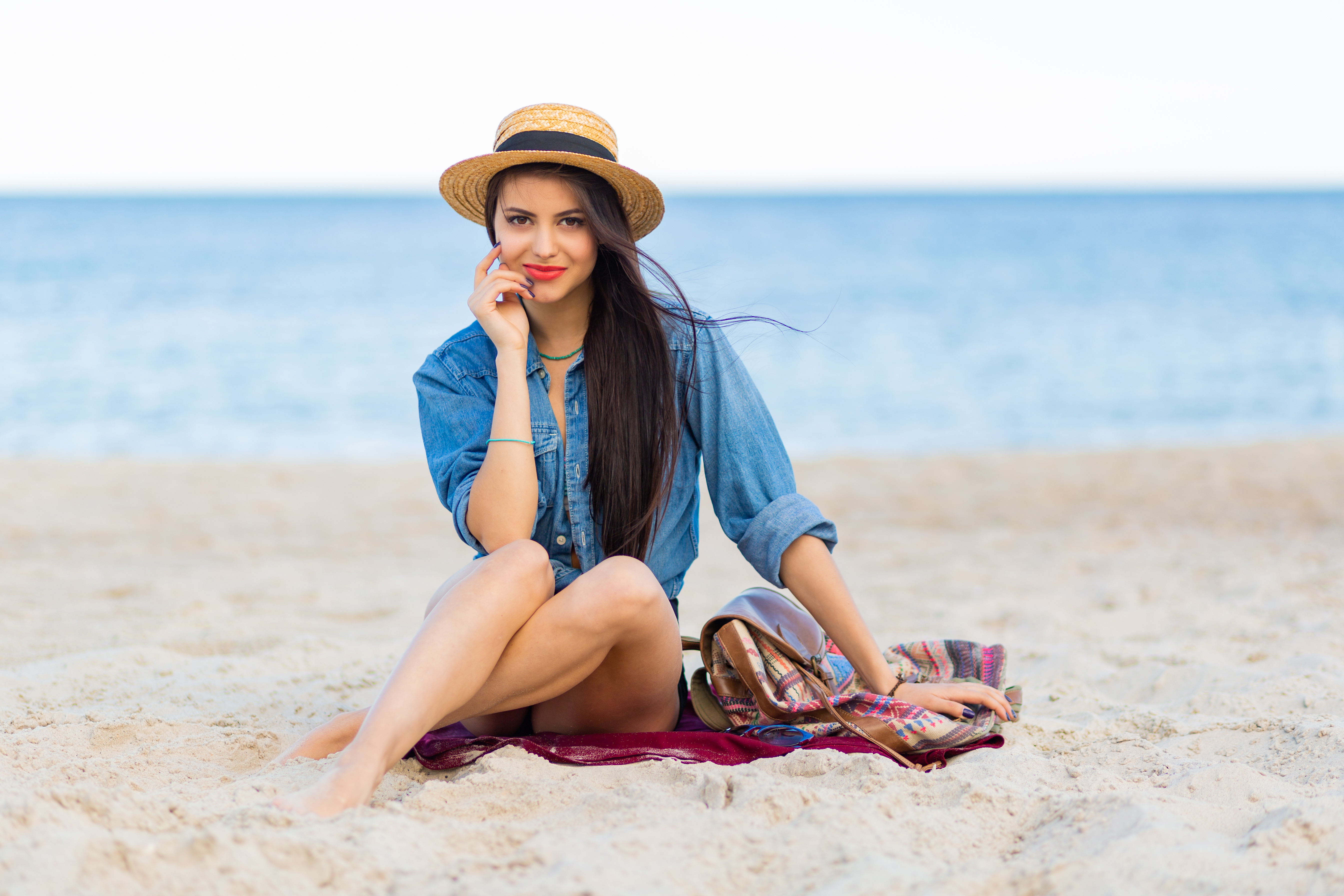 Women Outdoors Model Beach Red Lipstick Shorts Straw Hat Hand On Face Brunette 5376x3584