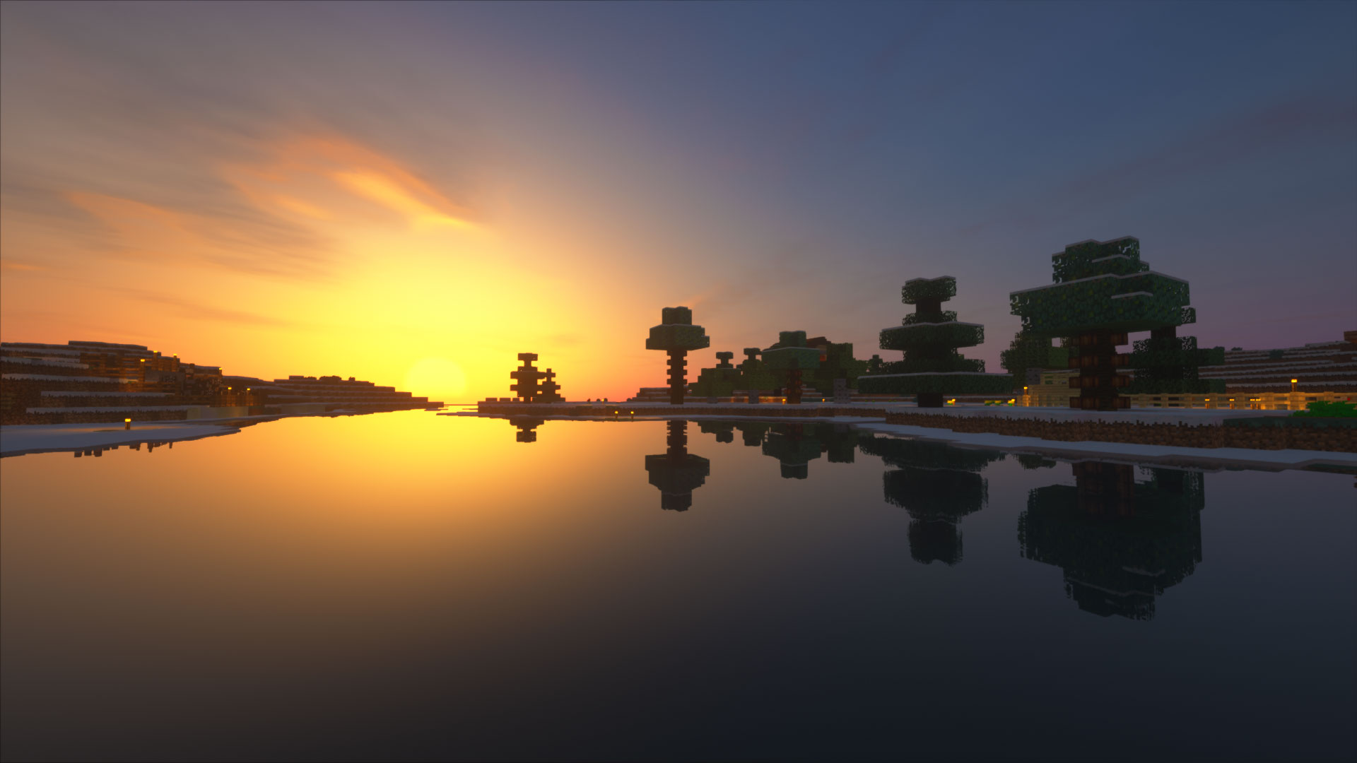 Minecraft Shader Shaders Sunset Reflection Snow 1920x1080