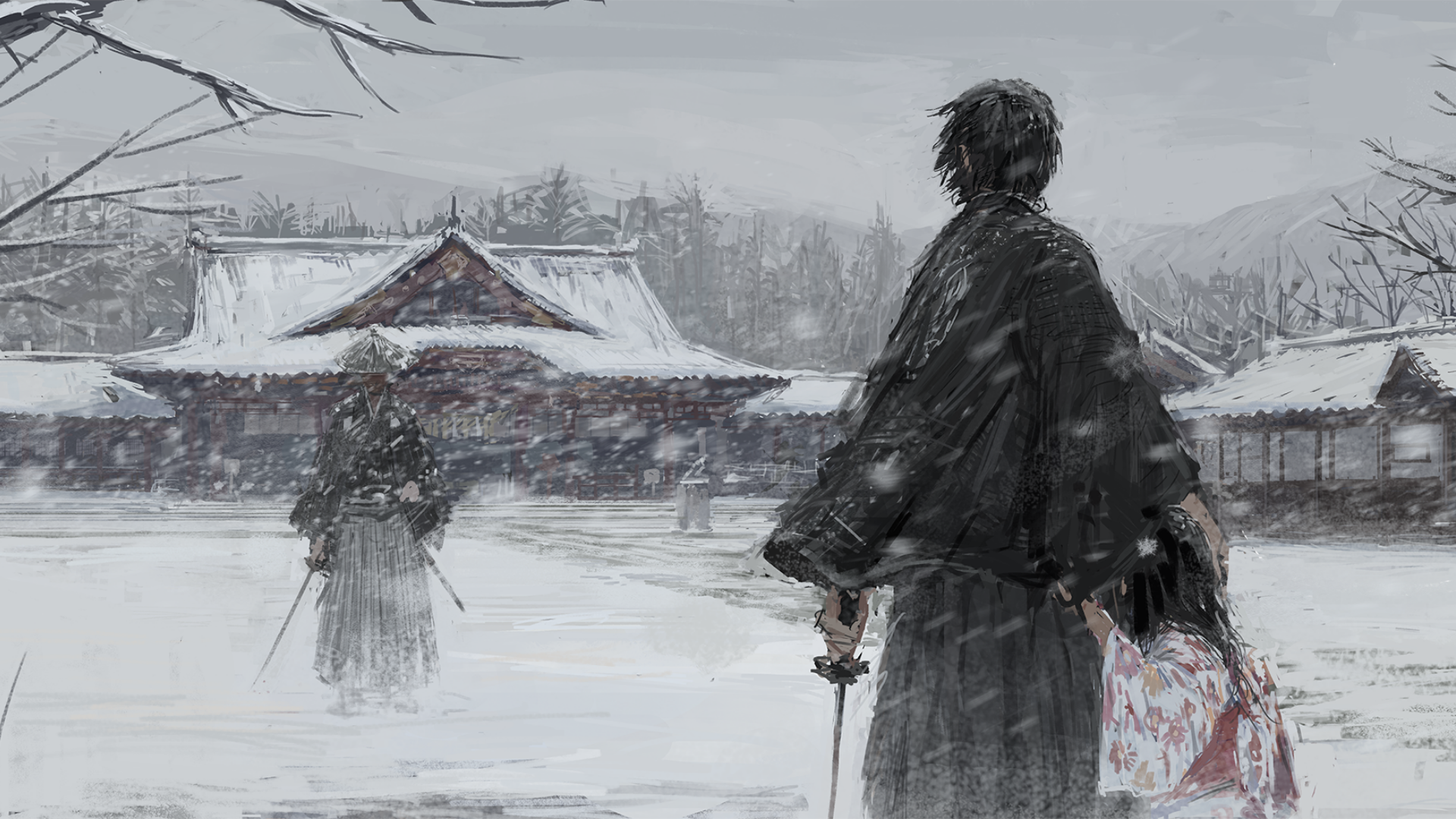 Digital Art Samurai Snow Building Duel Trees 1920x1080