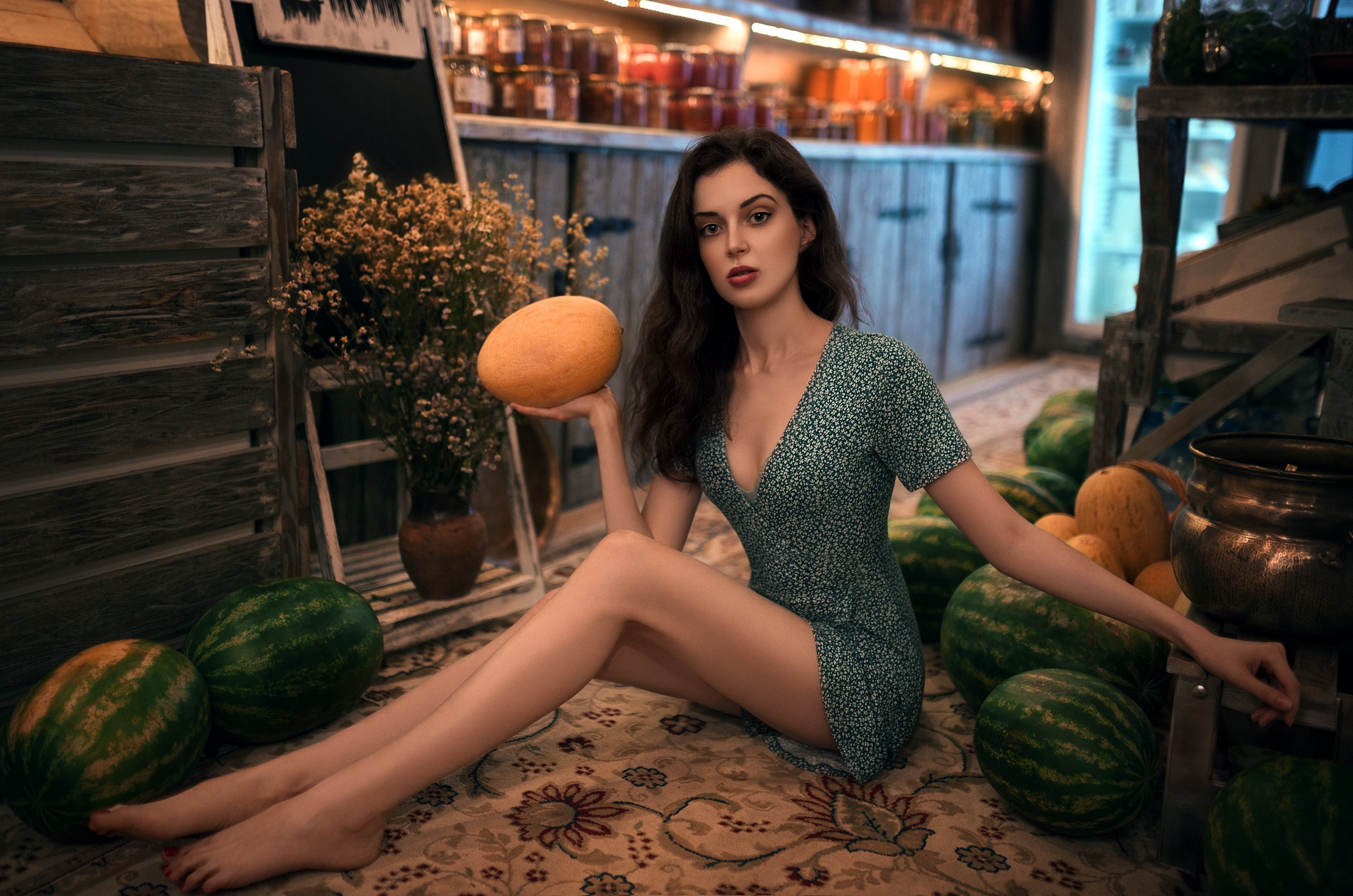 Oleg Demyanchenko Model Women Brunette Legs Feet Barefoot Dress Fruit Melons Watermelons Sitting On  2500x1656