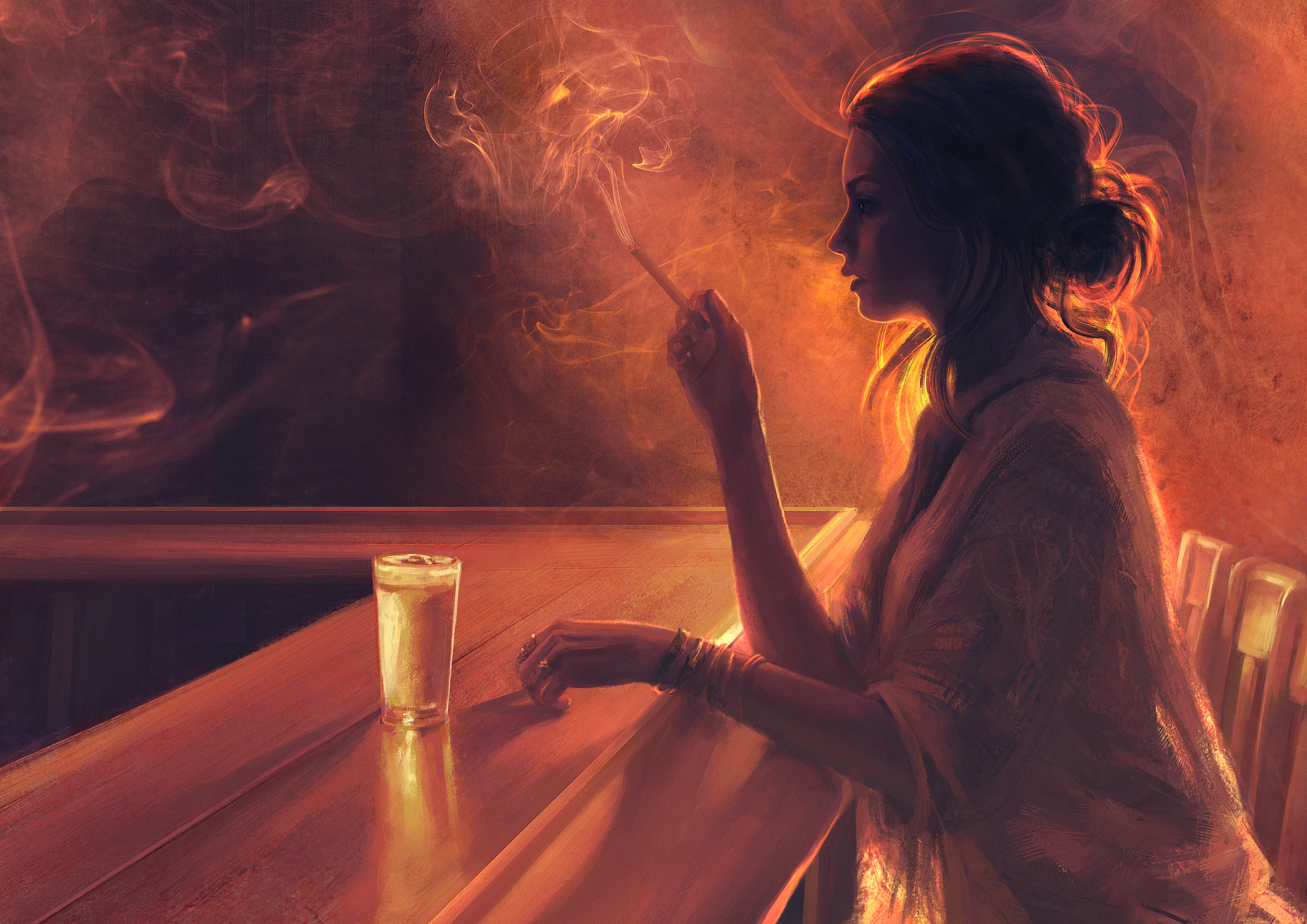 Alone Artistic Bar Girl Painting Smoking Woman 3000x2121