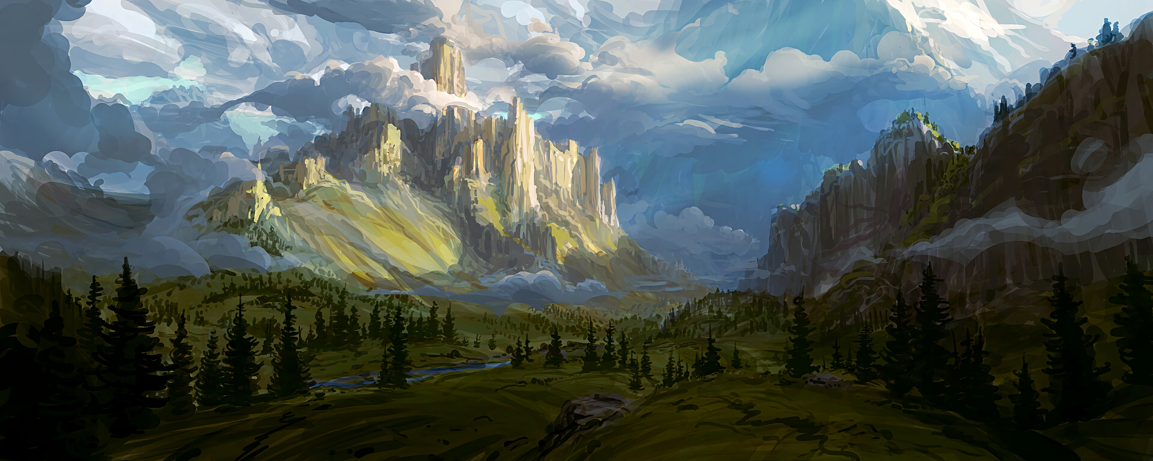 Landscape Mountains Valley Trees Grass Clouds 3840x1536