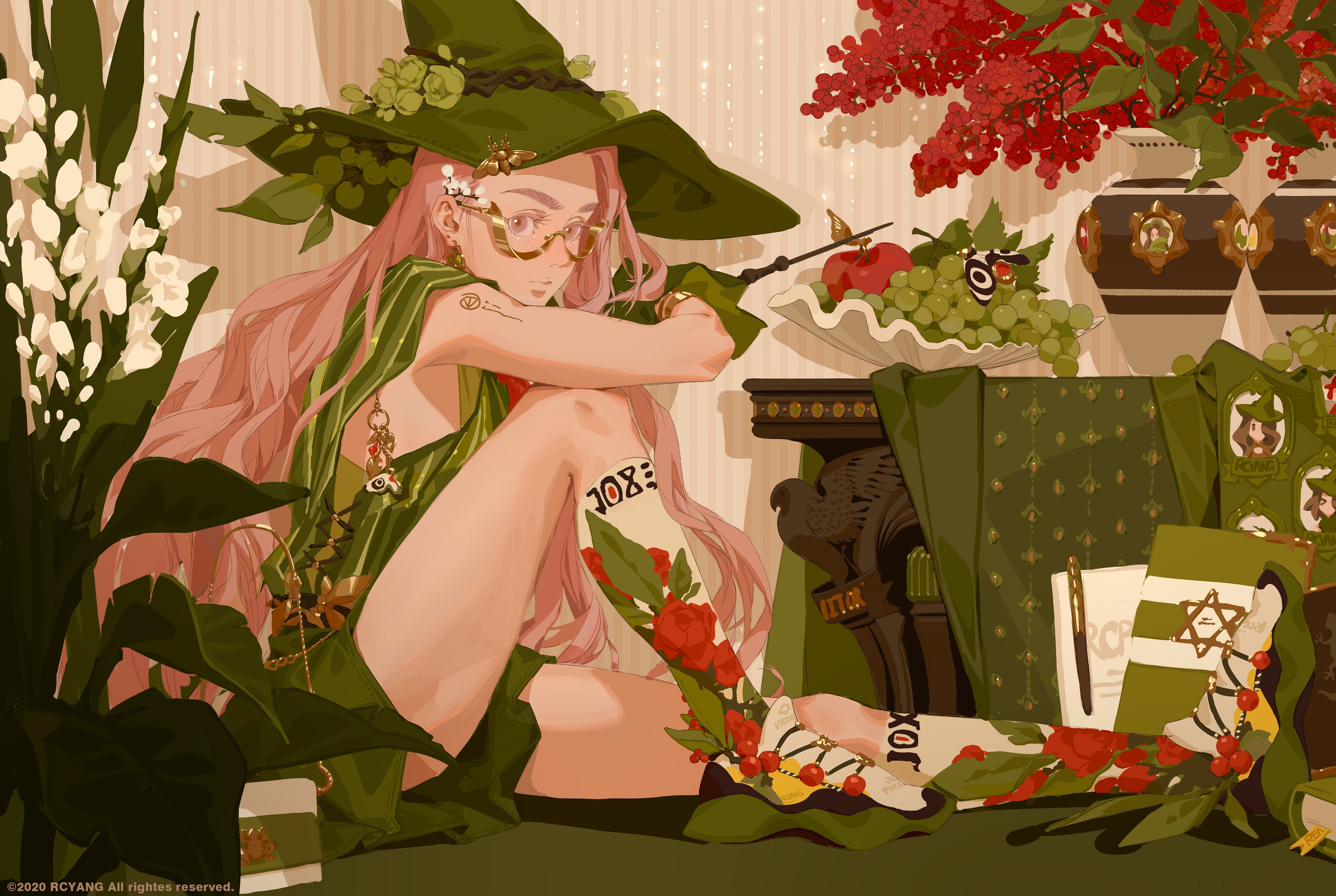 Anime Anime Girls Hat Long Hair Flowers Apples Glasses Shoes Wands Grapes Pink Hair Tattoo Socks Wit 4096x2748