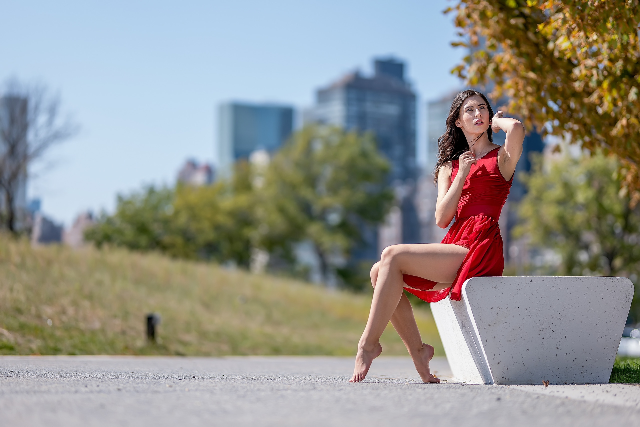 Urban Women Outdoors Sitting Bench Legs Tiptoe Dress Red Dress Arms Up Looking Up Women Model Brunet 2560x1707