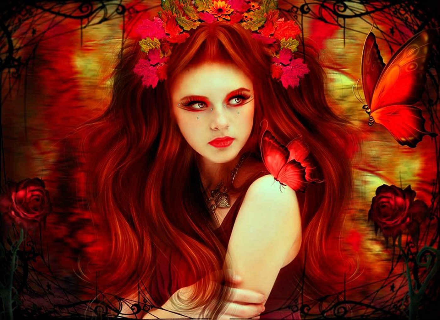 Fantasy Red Red Hair Red Rose Rose Woman 1400x1020