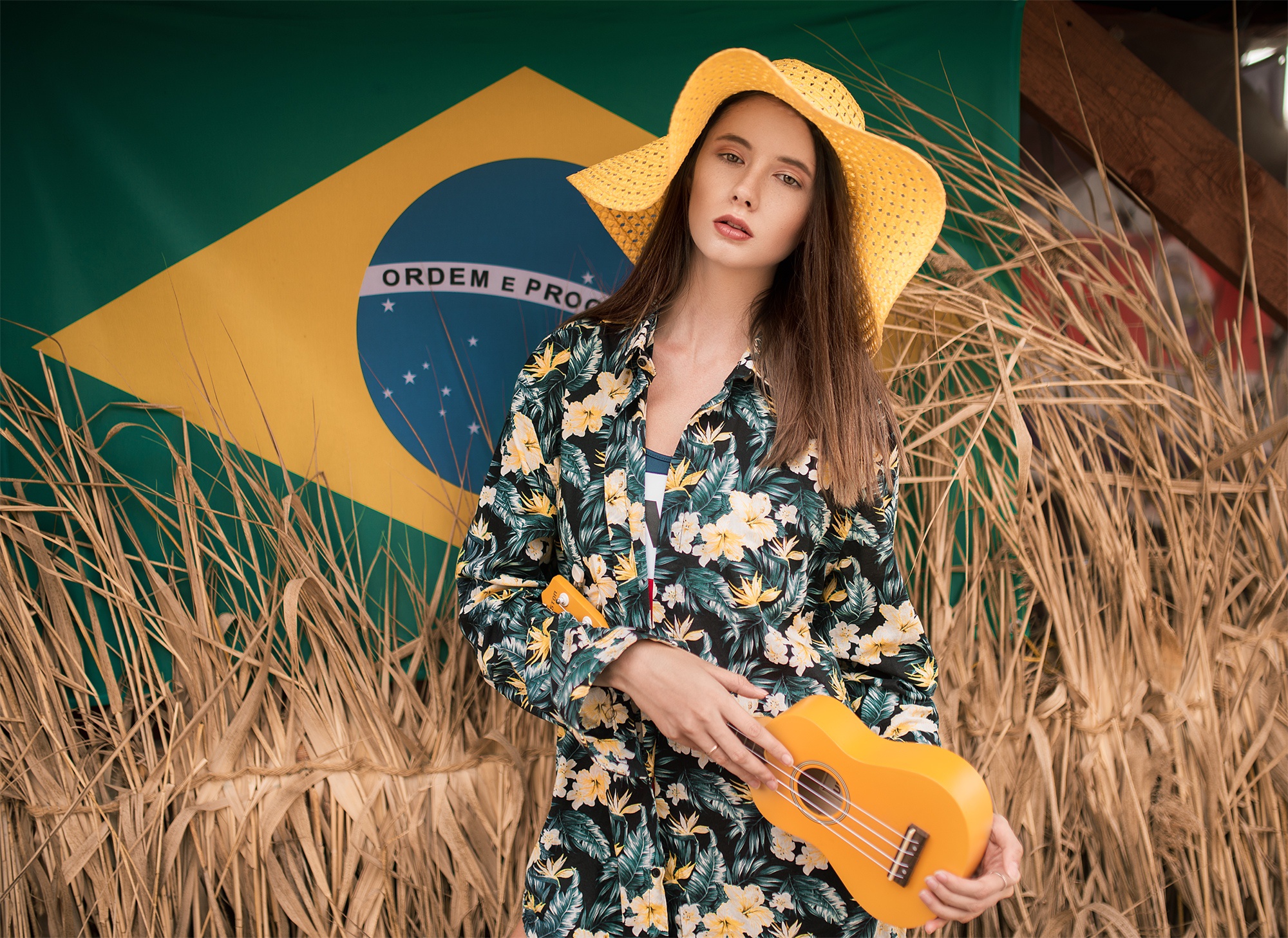 Oleg Demyanchenko Model Women Brunette Brown Eyes Dress Hat Ukulele Flag Brazil Looking At Viewer Po 2000x1458