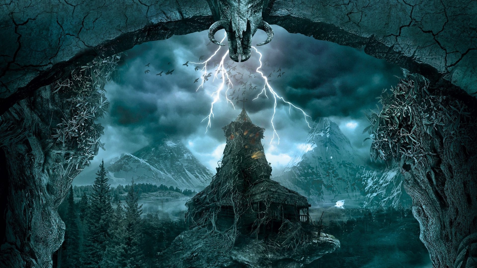 Blue Fantasy Forest Gothic Landscape Lightning Mountain 1920x1080
