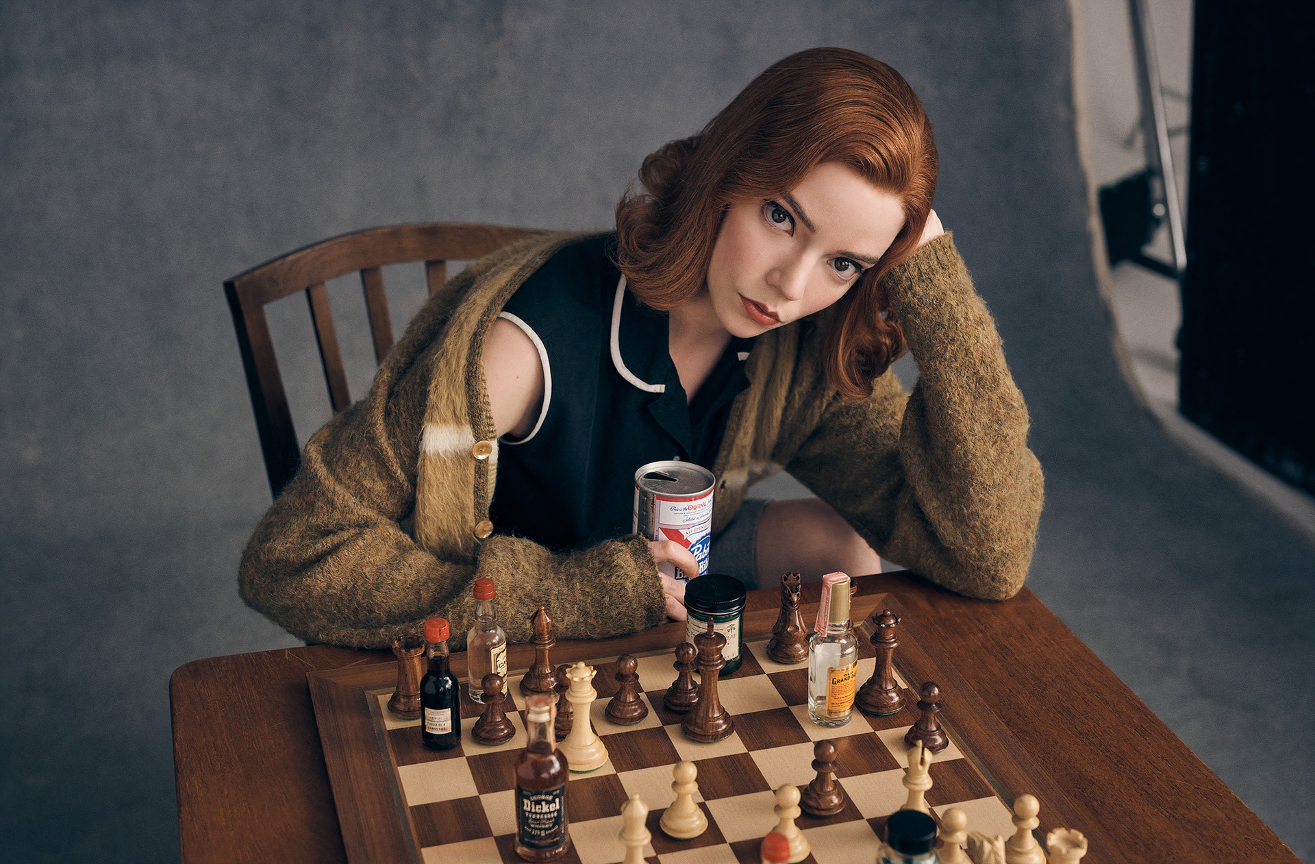 Anya Taylor Joy Women Actress TV Series Chess The Queens Gambit Whisky Pills Sitting Redhead Women I 1920x1261