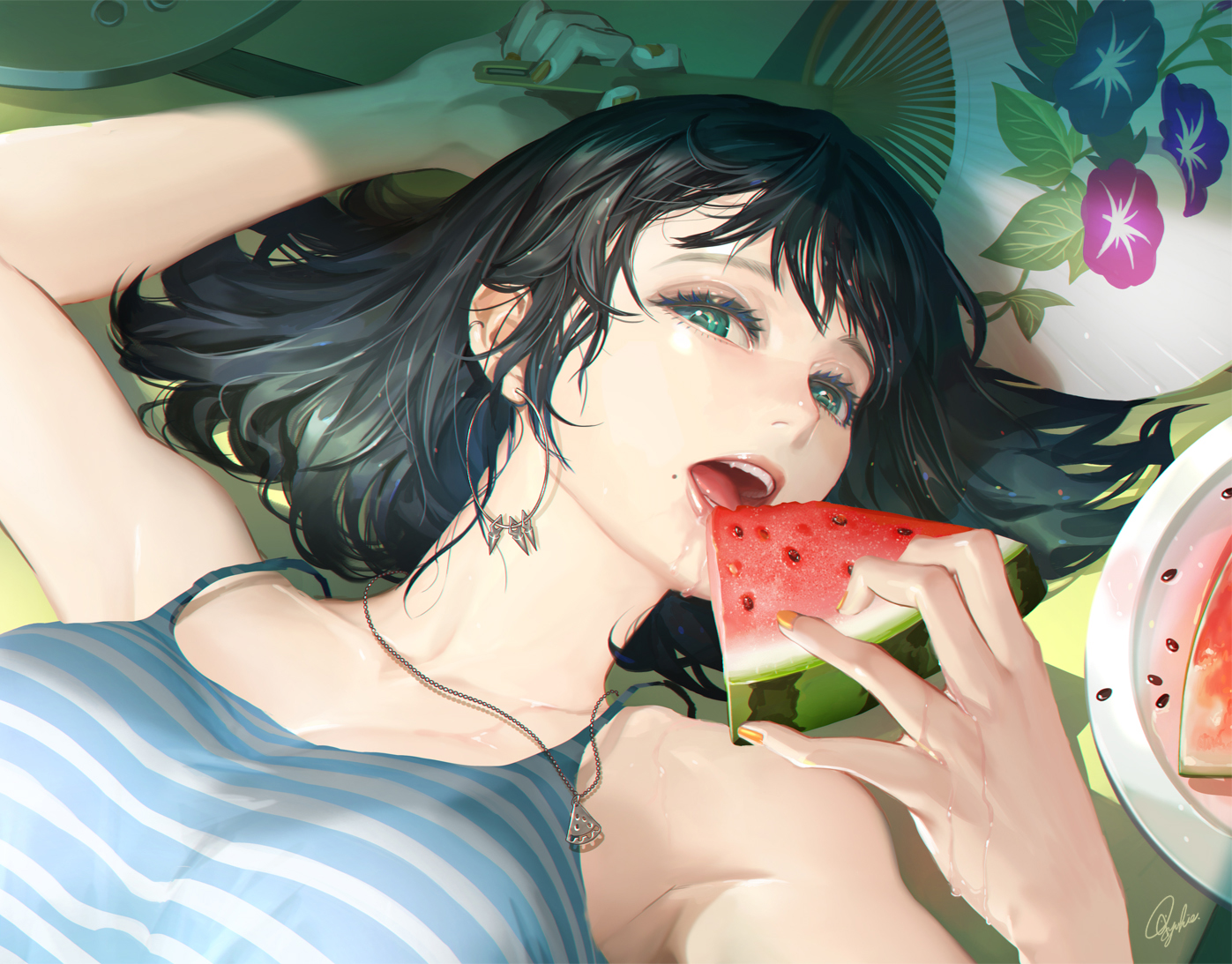 Anime Anime Girls Black Hair Dark Hair Green Eyes Necklace Watermelons Eating Hand Fan 1397x1093
