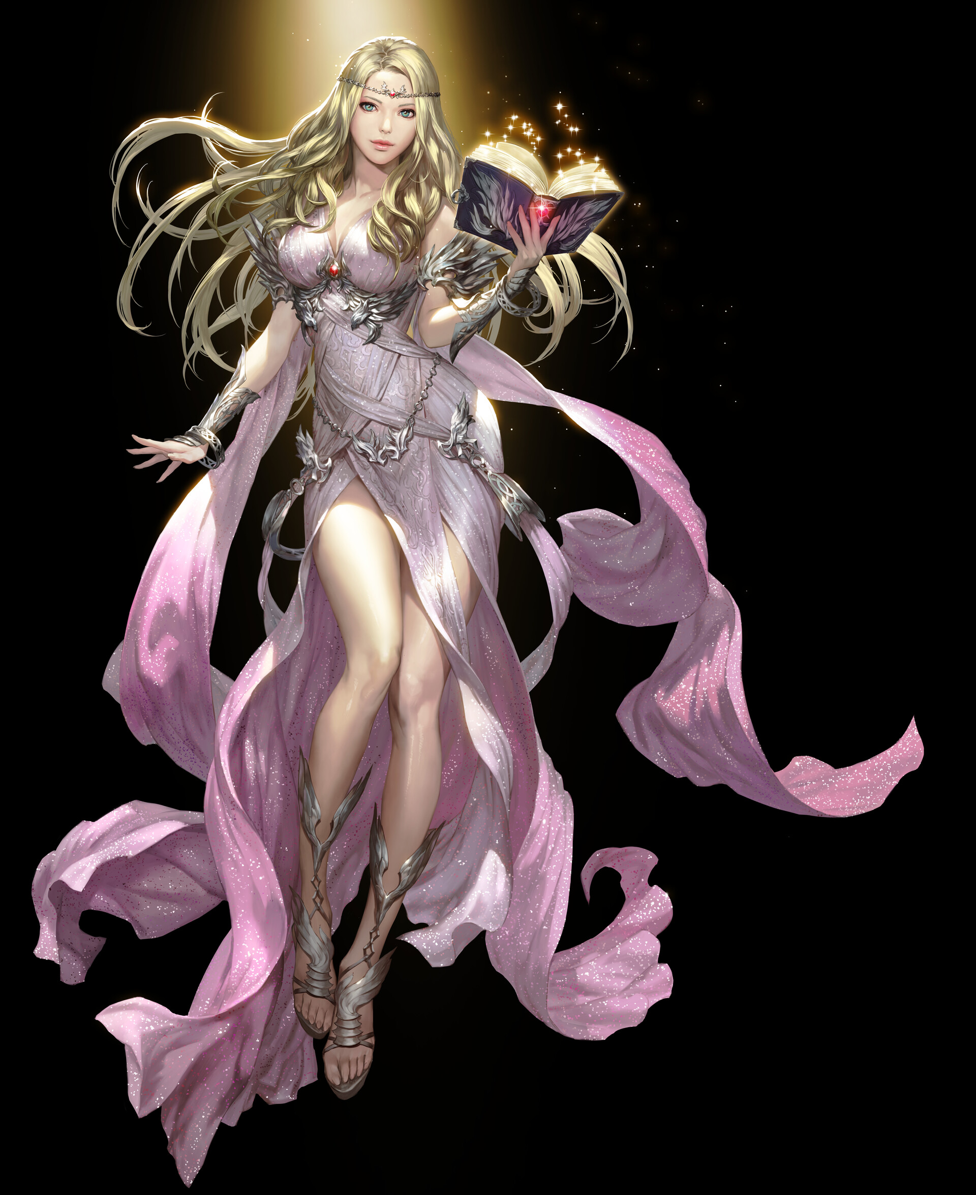Bluezima Drawing Women Blonde Magician Spell Lights Long Hair Pink Dress Dress Pink Clothing Fantasy 1920x2350