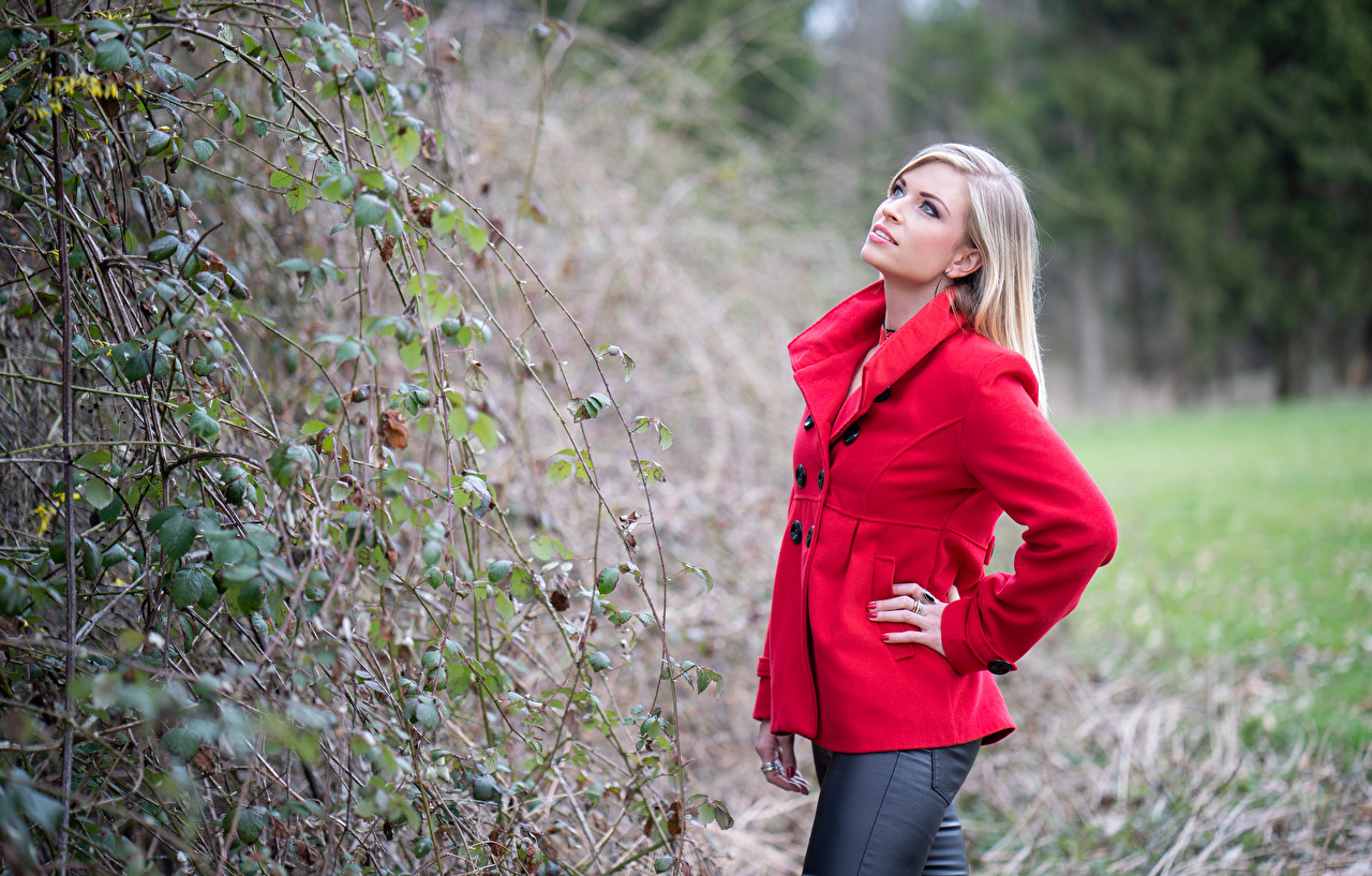 Blonde Women Model Long Hair Plants Looking Up Women Outdoors Outdoors Leaves Standing Red Jackets L 1280x817