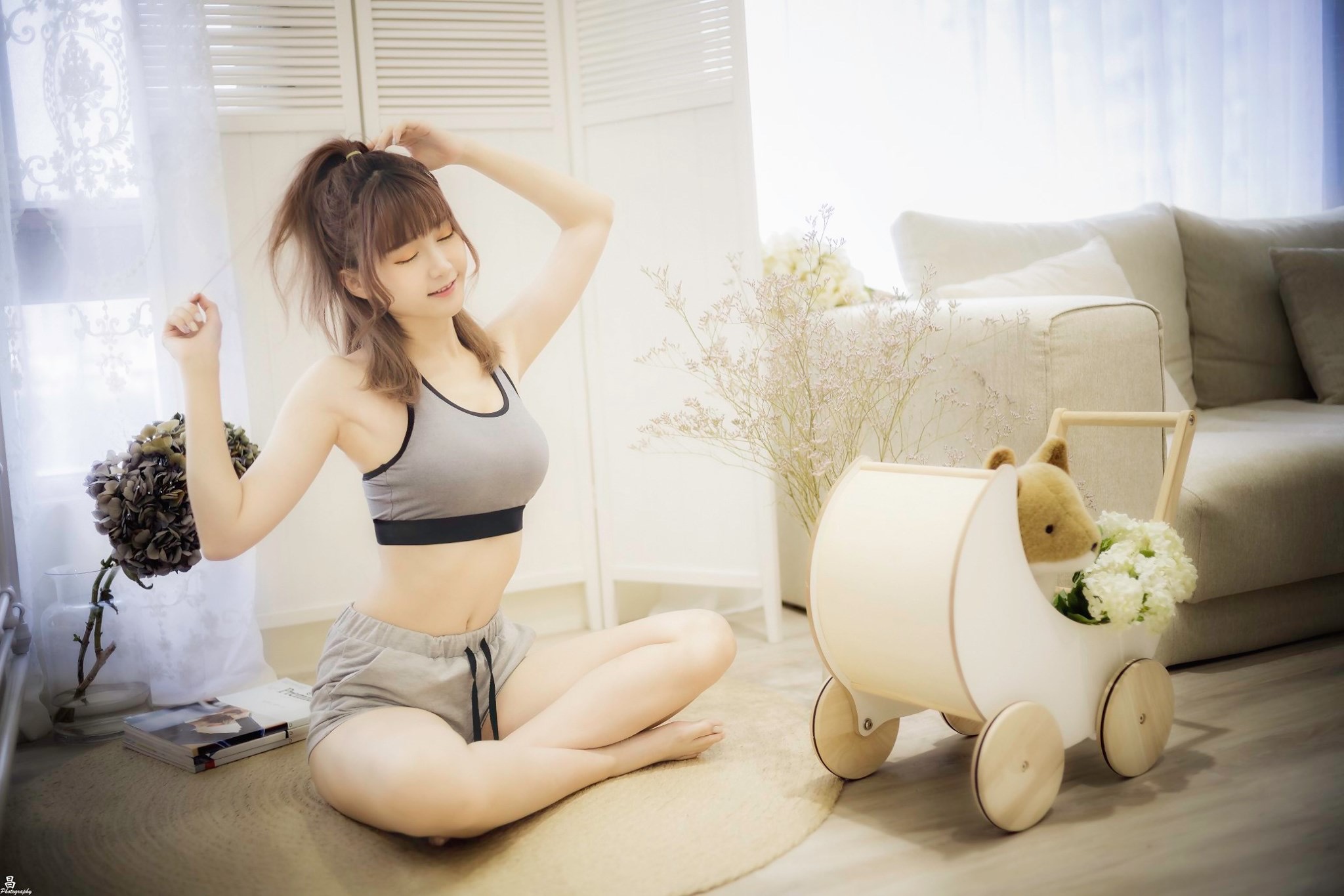 Asian Model Women Long Hair Brunette Sitting Couch Sport Bras Shorts Barefoot Teddy Bears Stroller P 2048x1365