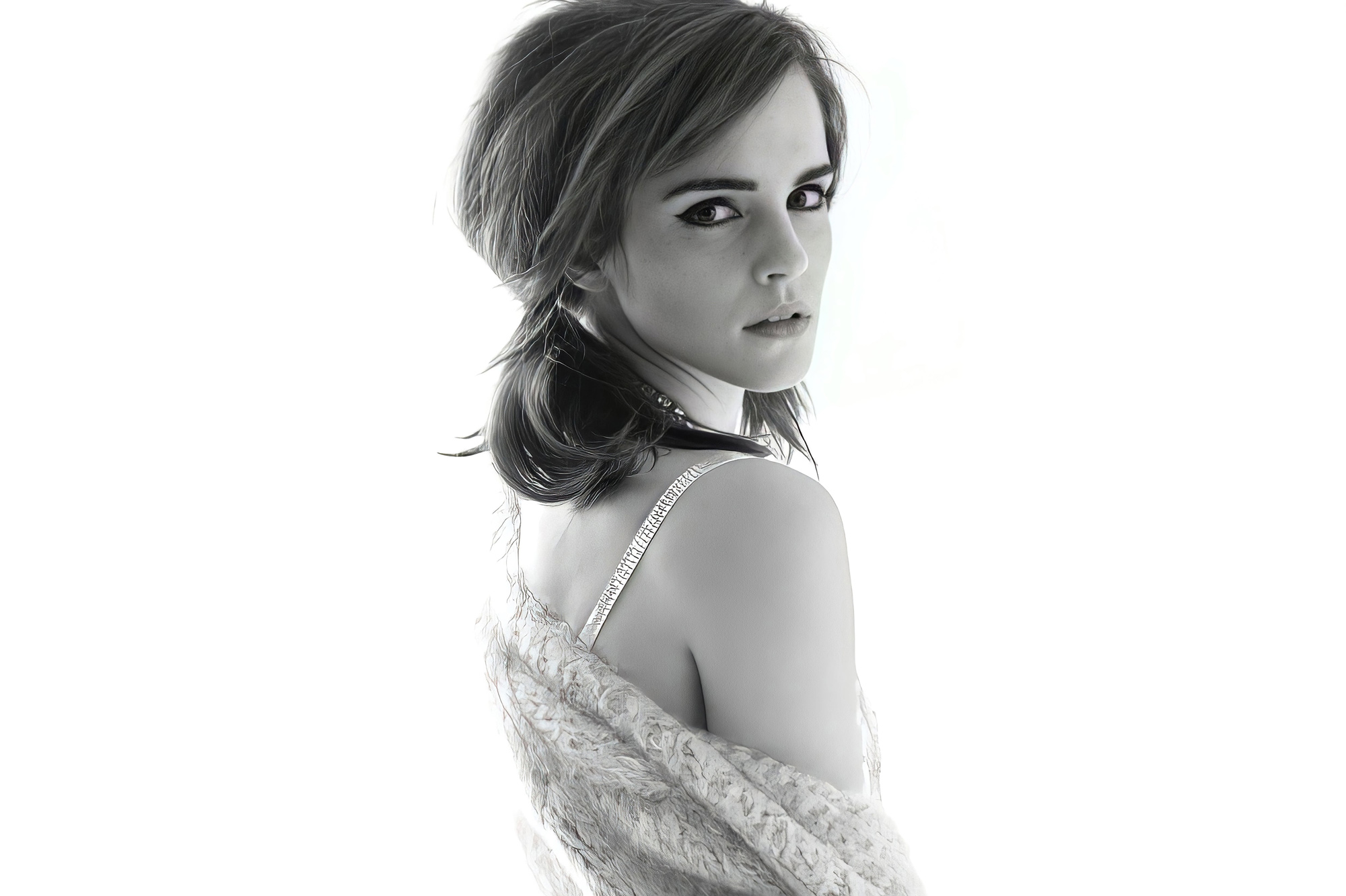 Emma Watson Actress Women Long Hair Brunette Simple Background Women Indoors Looking Over Shoulder 2000x1333