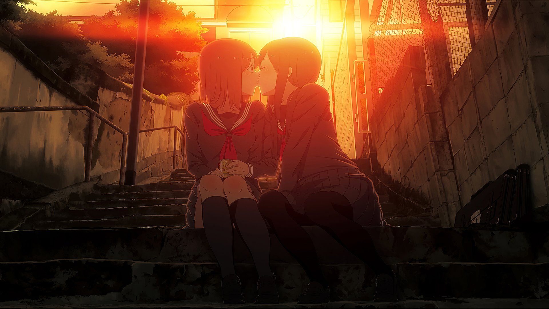 Anime Girls Original Characters Kissing School Uniform Stairs Sunlight Sunset Surprised Bookiti 1920x1080