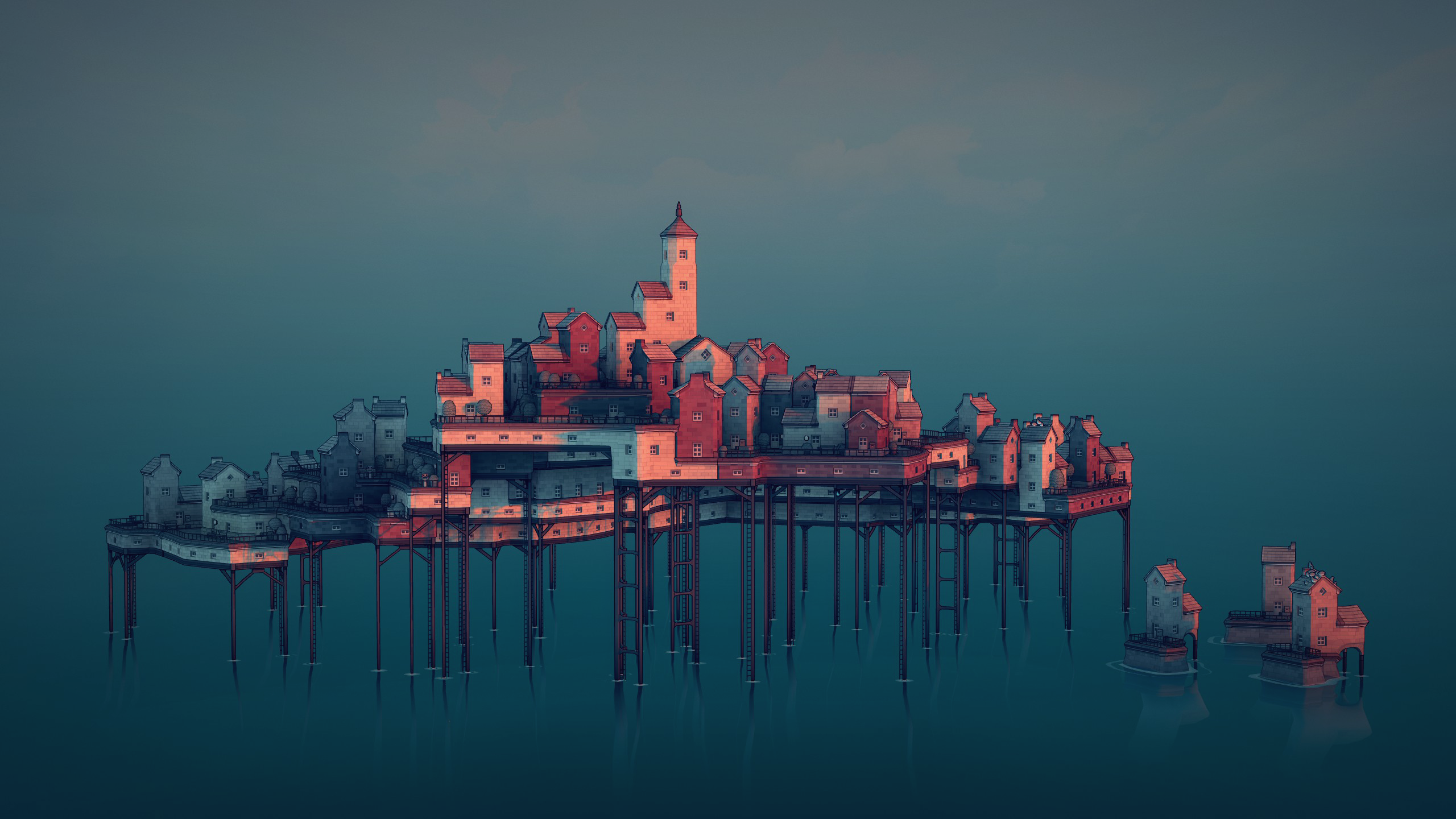 Townscaper Town Skyline Digital Art Architecture Minimalism Video Game Art Video Games 2560x1440