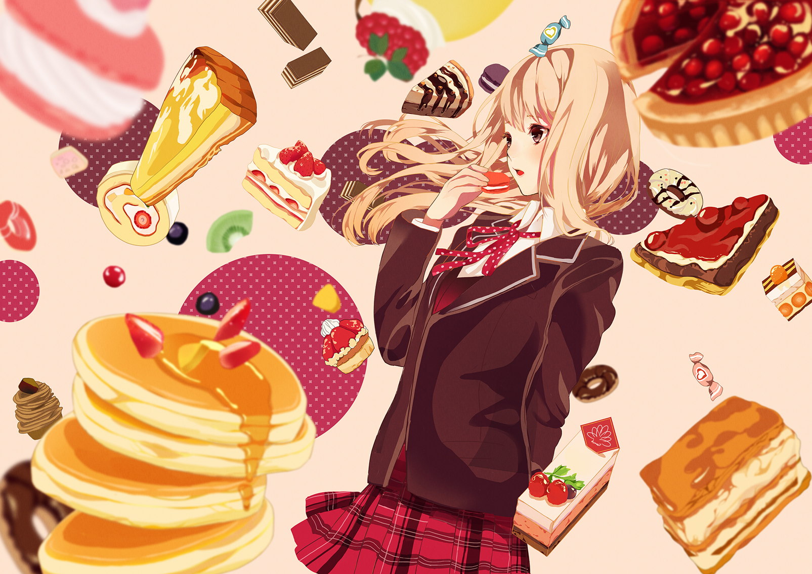 Anime Anime Girls Cake Pancakes Food Brown Eyes Pie Strawberries Candy Waffles Red Currant School Un 1605x1135