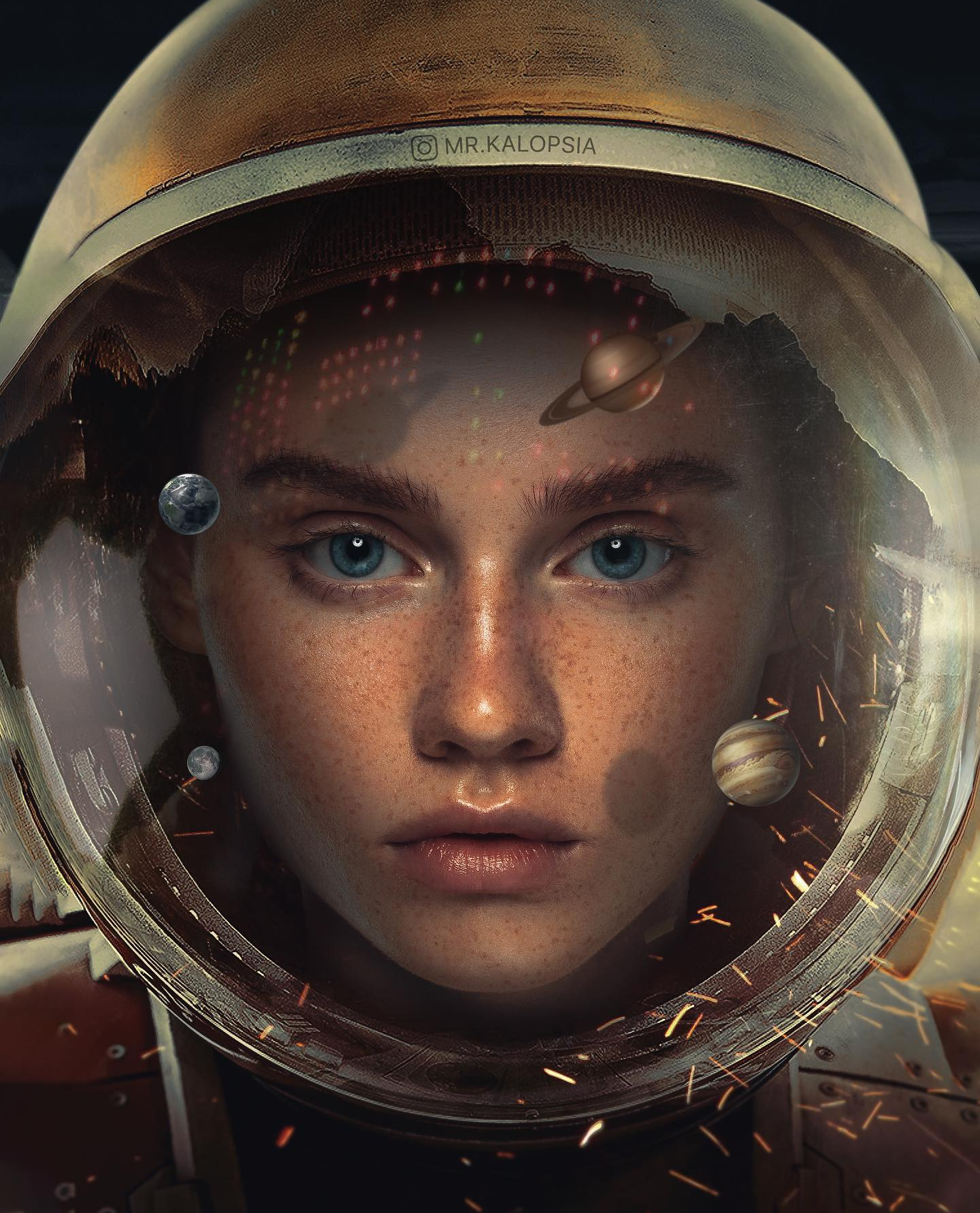 Artwork Fantasy Art Astronaut Women Face Blue Eyes Planet Freckles 1440x1782