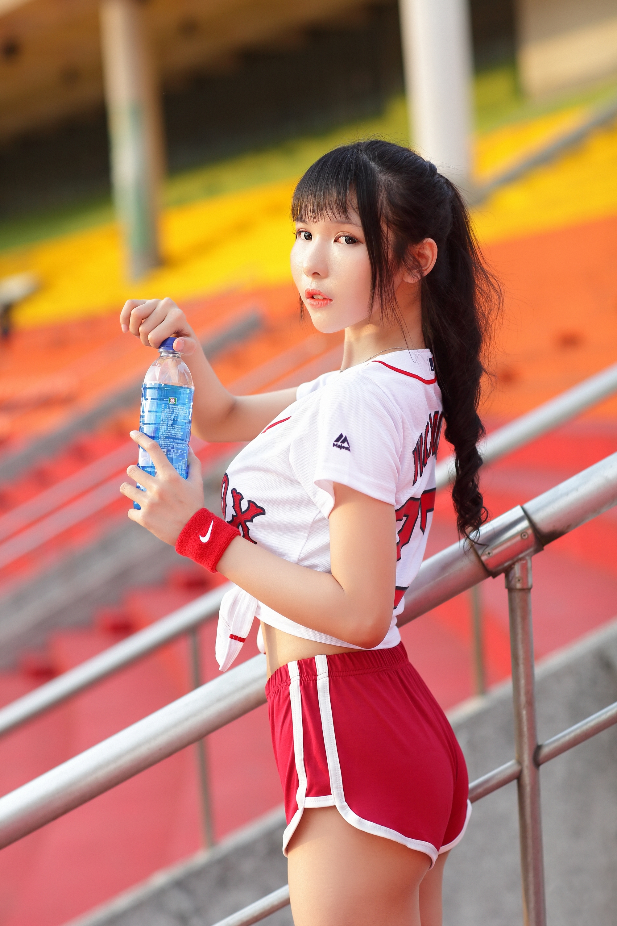 Vicky Women Model Asian Bangs Ponytail Baseball Looking At Viewer Parted Lips T Shirt Stadium Depth  2000x3000