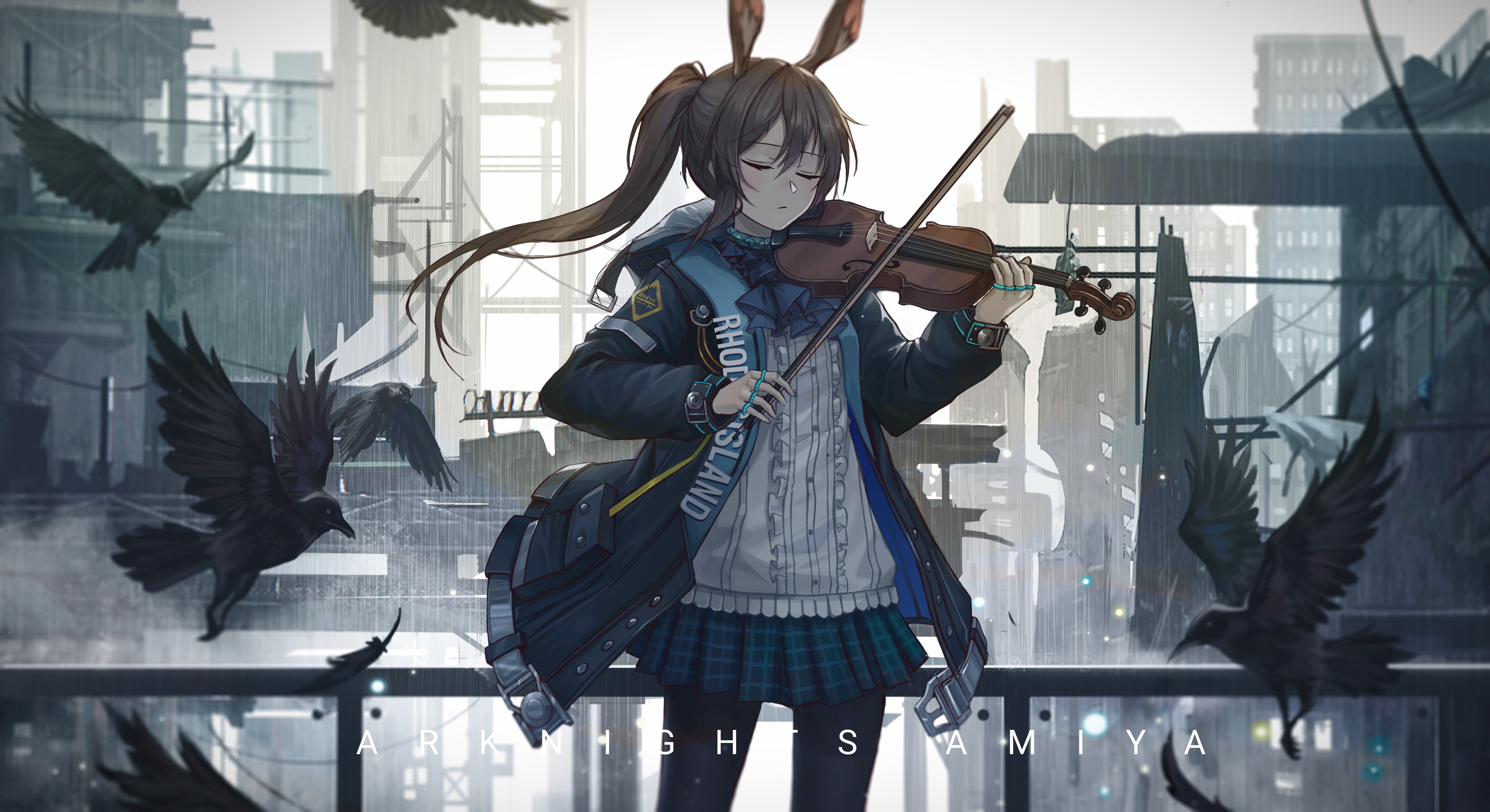 Anime Girls Arknights Amiya Arknights Ponytail Animal Ears Violin Birds Rain Sketch Artist 6434x3508