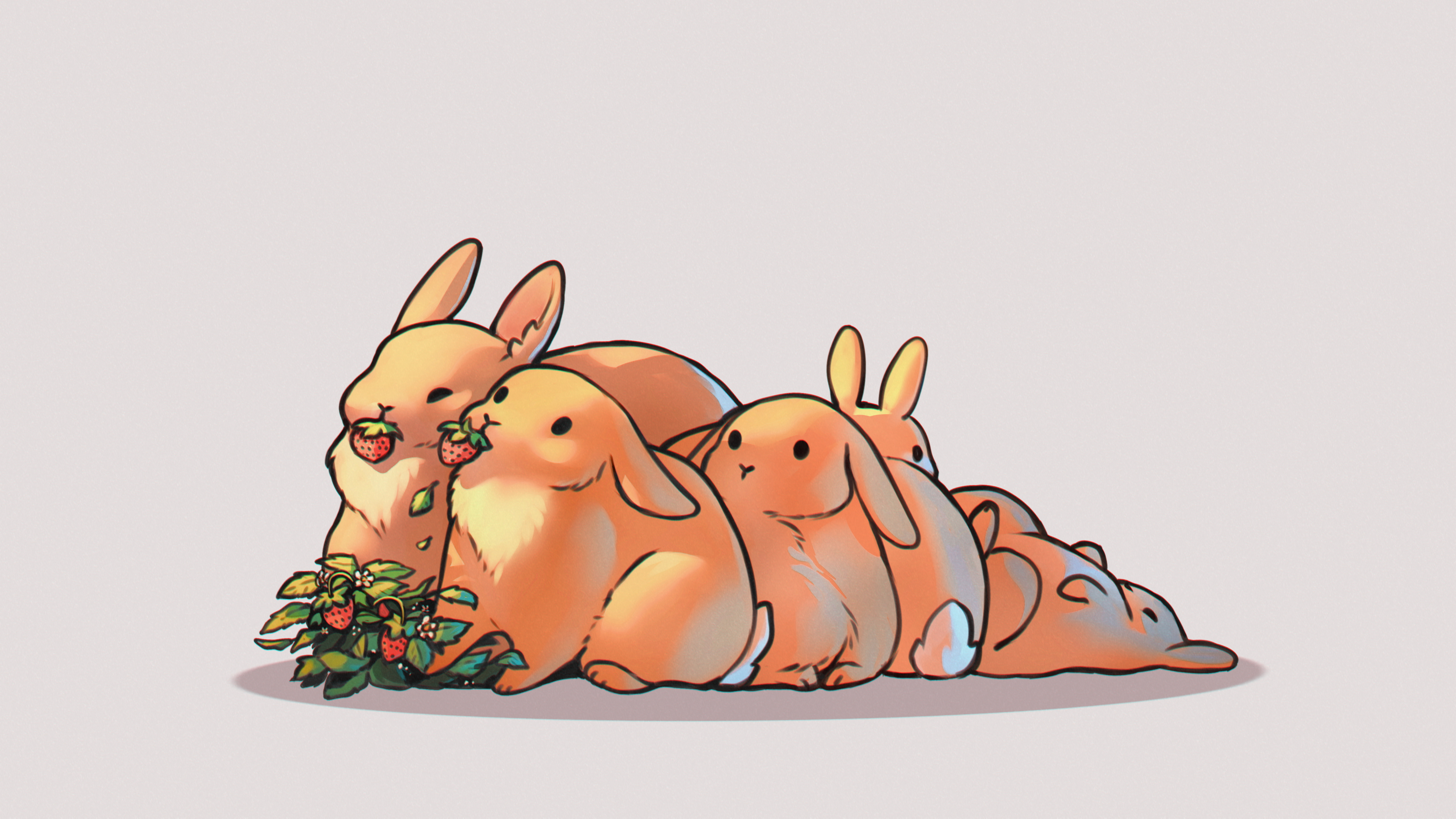 Strawberries Rabbits Eating Cartoon 5120x2880