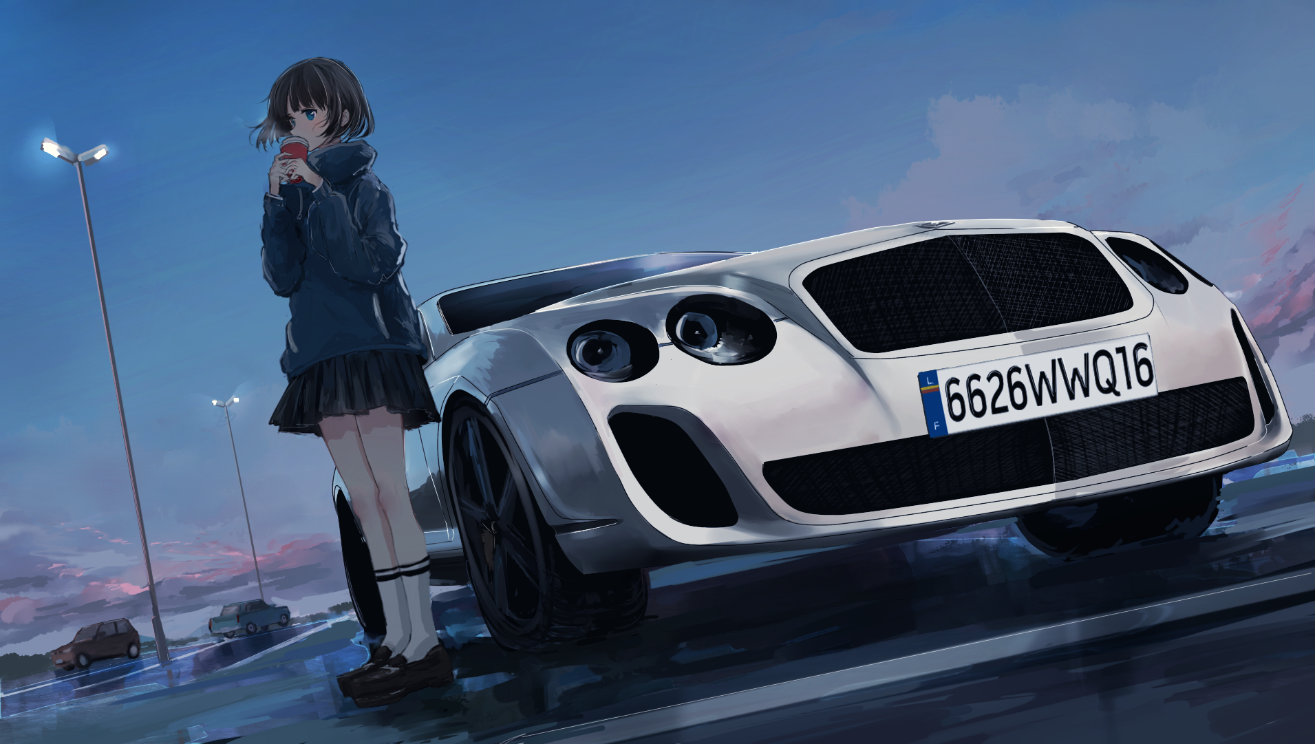SWAV Anime Anime Girls Car Bentley School Uniform Short Hair Dark Hair Blue Eyes 1911x1081