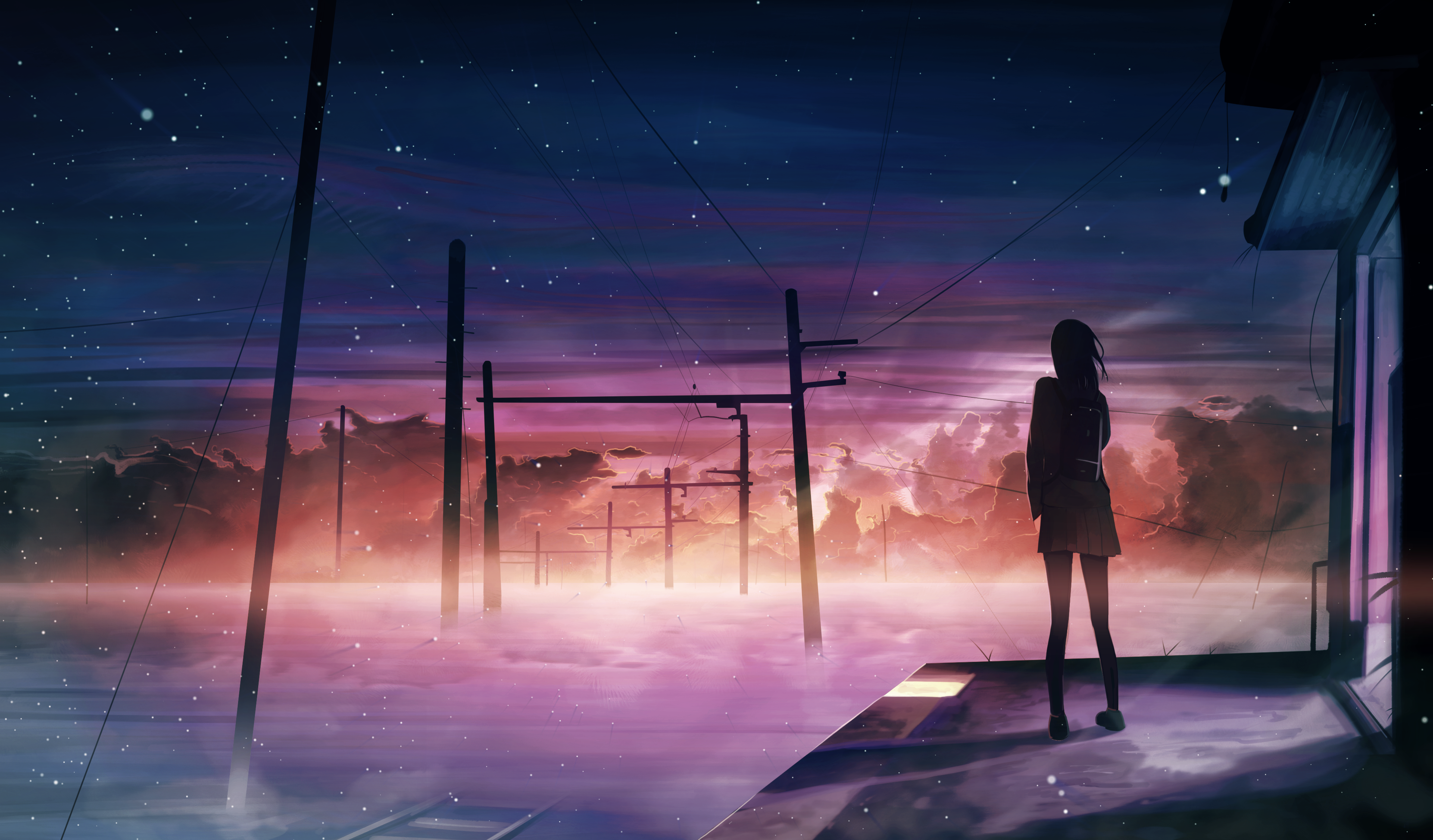 Anime Girls Banishment Sky Clouds Utility Pole Sunset 3840x2251
