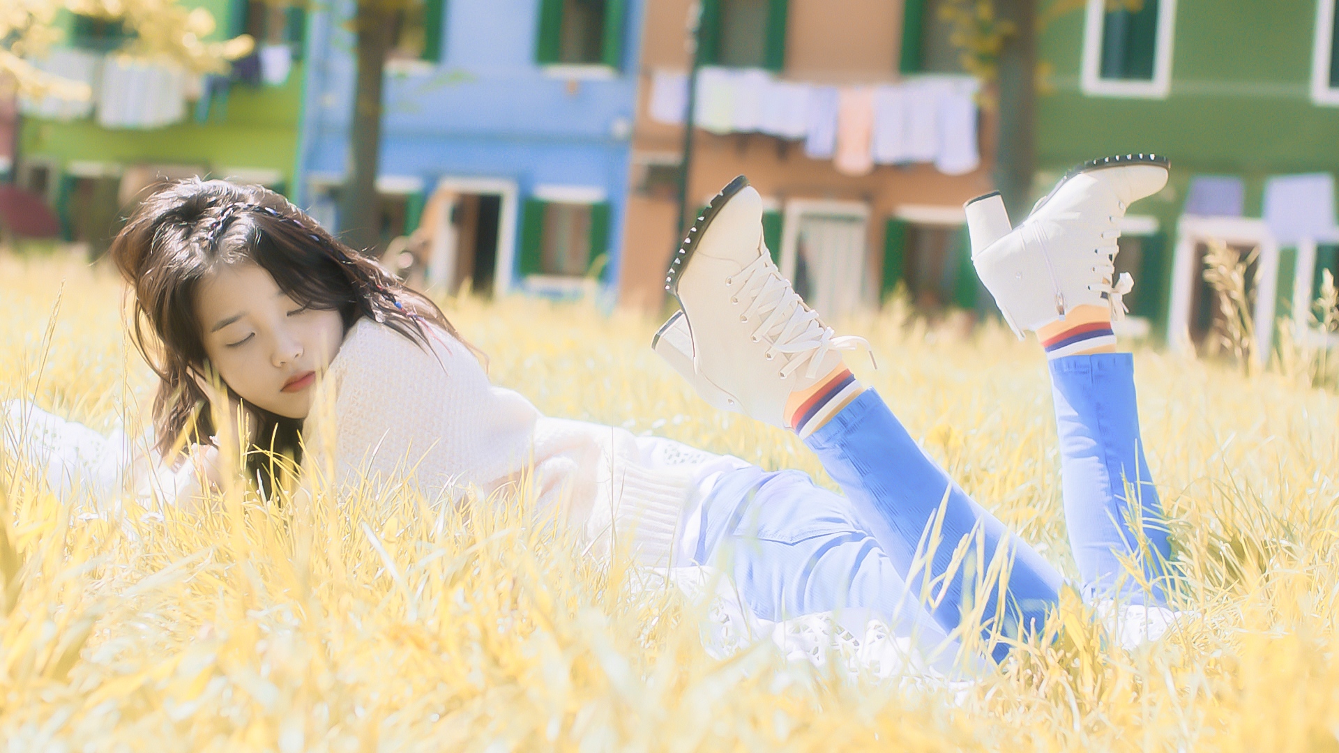 IU Iu Lee Ji Eun Women Outdoors Outdoors Brunette Legs Grass Closed Eyes Lying Down 1920x1080