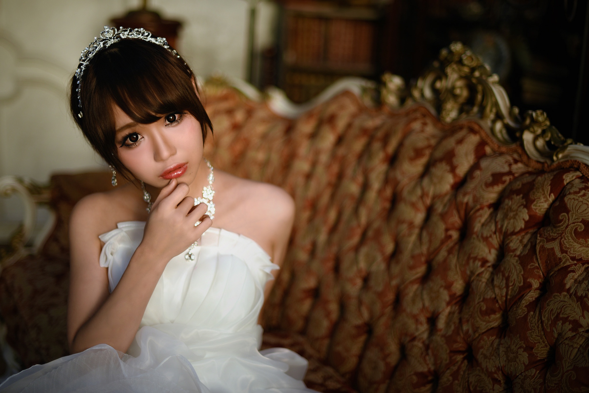 Asian Bride Brown Eyes Brunette Girl Model Wedding Dress White Dress Woman 2048x1366