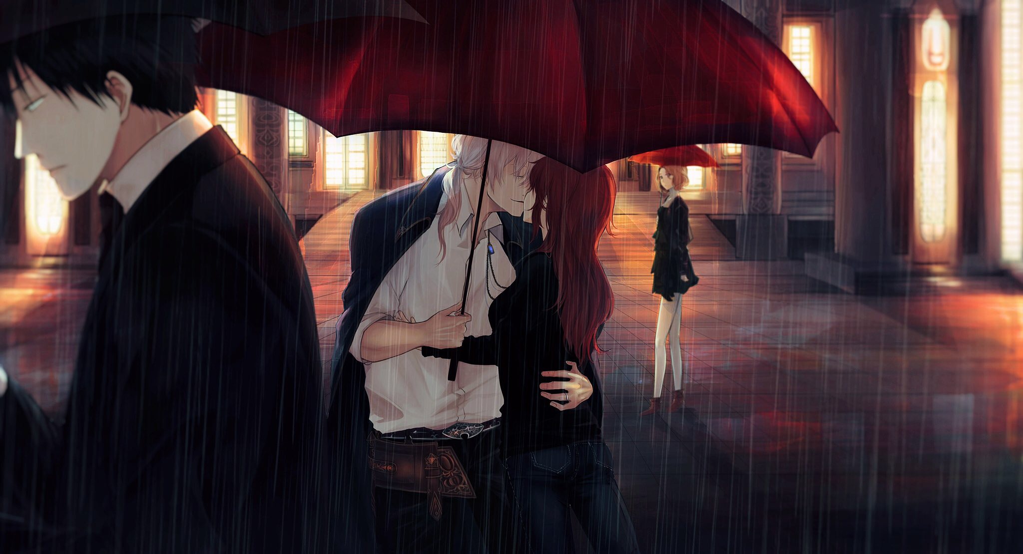 Couple Kiss Rain Umbrella 2048x1110