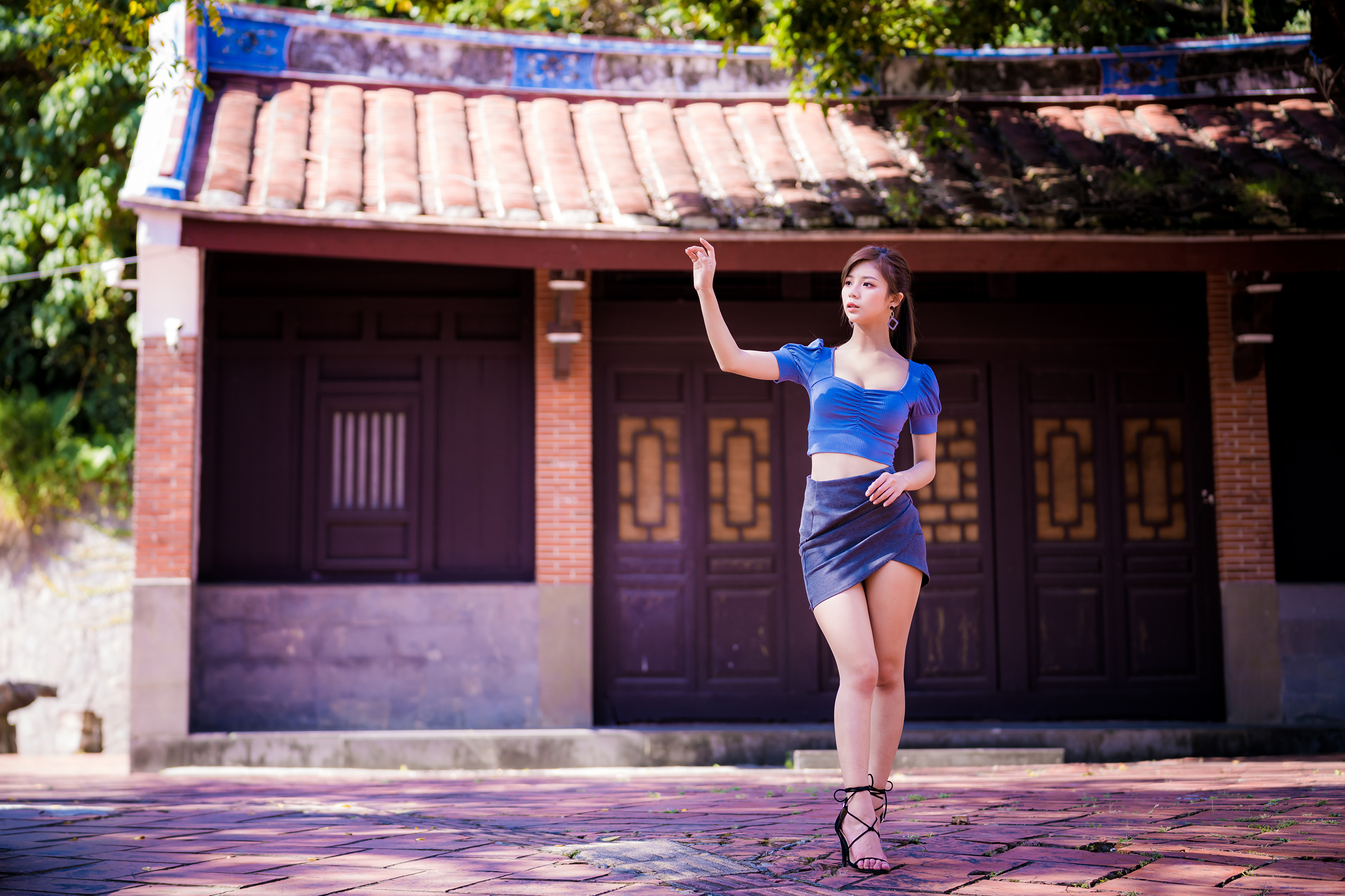 Asian Model Women Blue Tops Short Skirt High Heels Barefoot Looking Into The Distance House Mi Xiaom 3840x2560