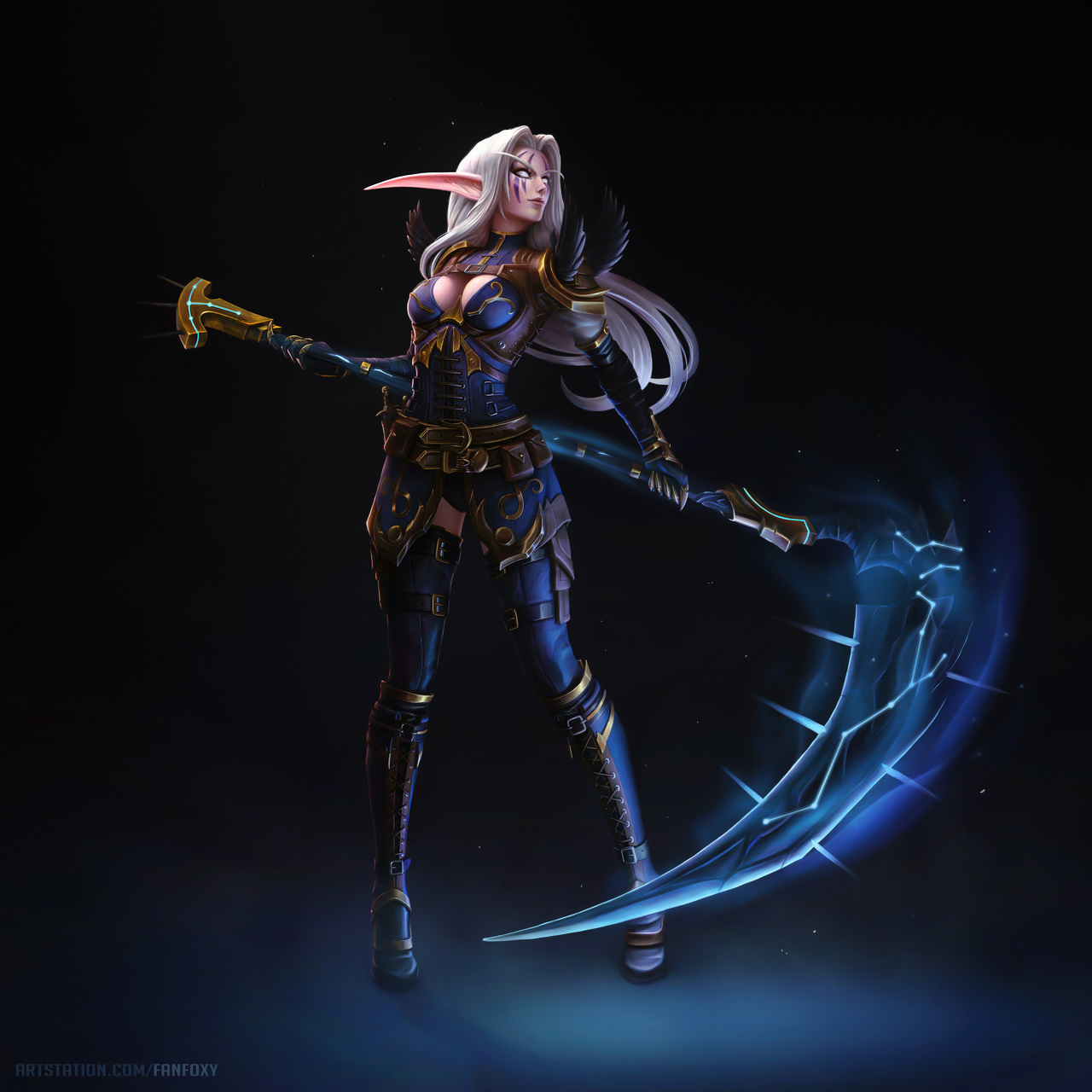 Fanfoxy Drawing Warcraft Elves Silver Hair Long Hair Pointy Ears Dress Weapon Scythe Magic Fantasy A 1280x1280