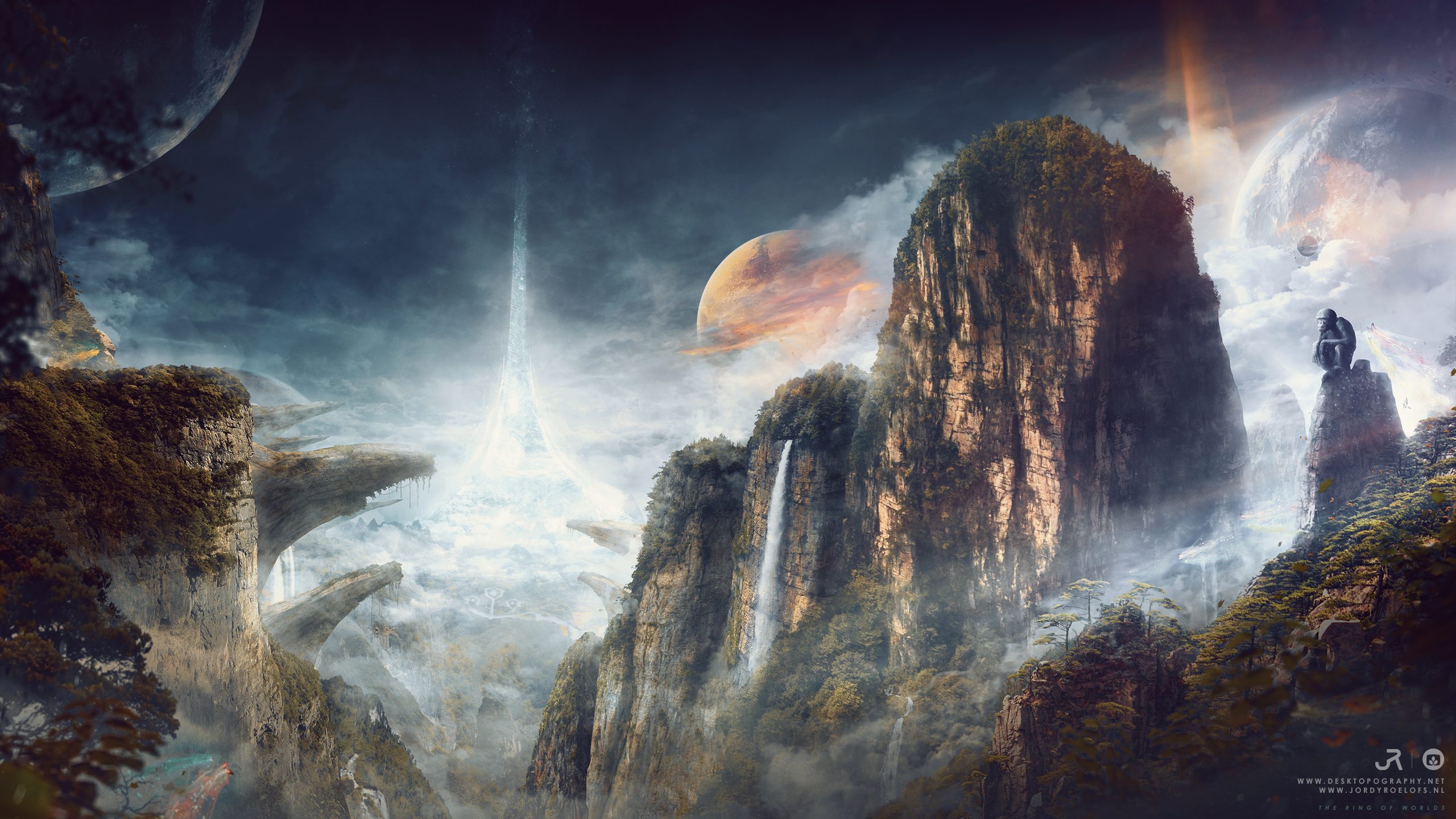 Cliff Fantasy Gorilla Landscape Monkey Mountain Planet Sci Fi Waterfall 2560x1440
