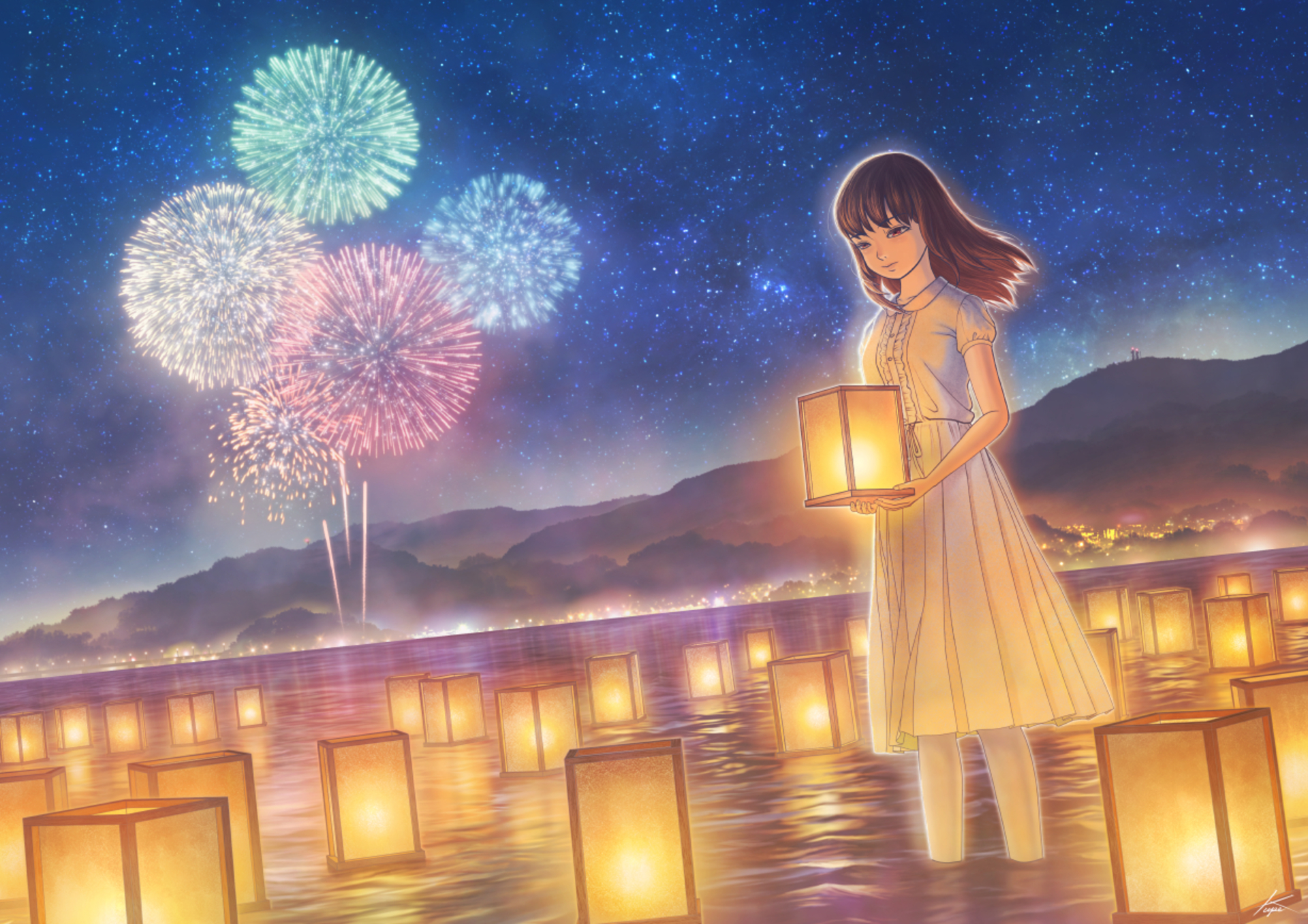 Fireworks Girl Light Night Starry Sky Water 1920x1357