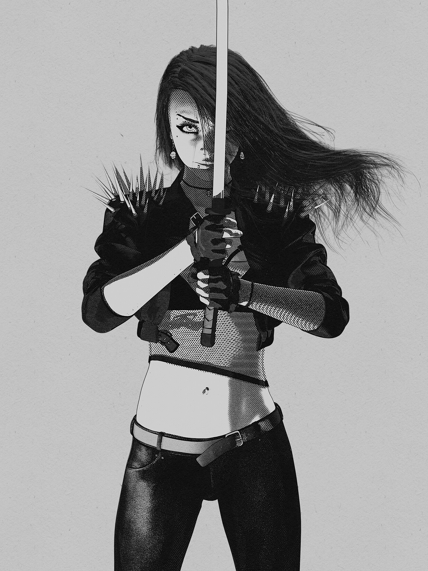 Artwork Women Monochrome Sword Girls With Swords Standing Drawing Simple Background Looking At Viewe 1500x2000