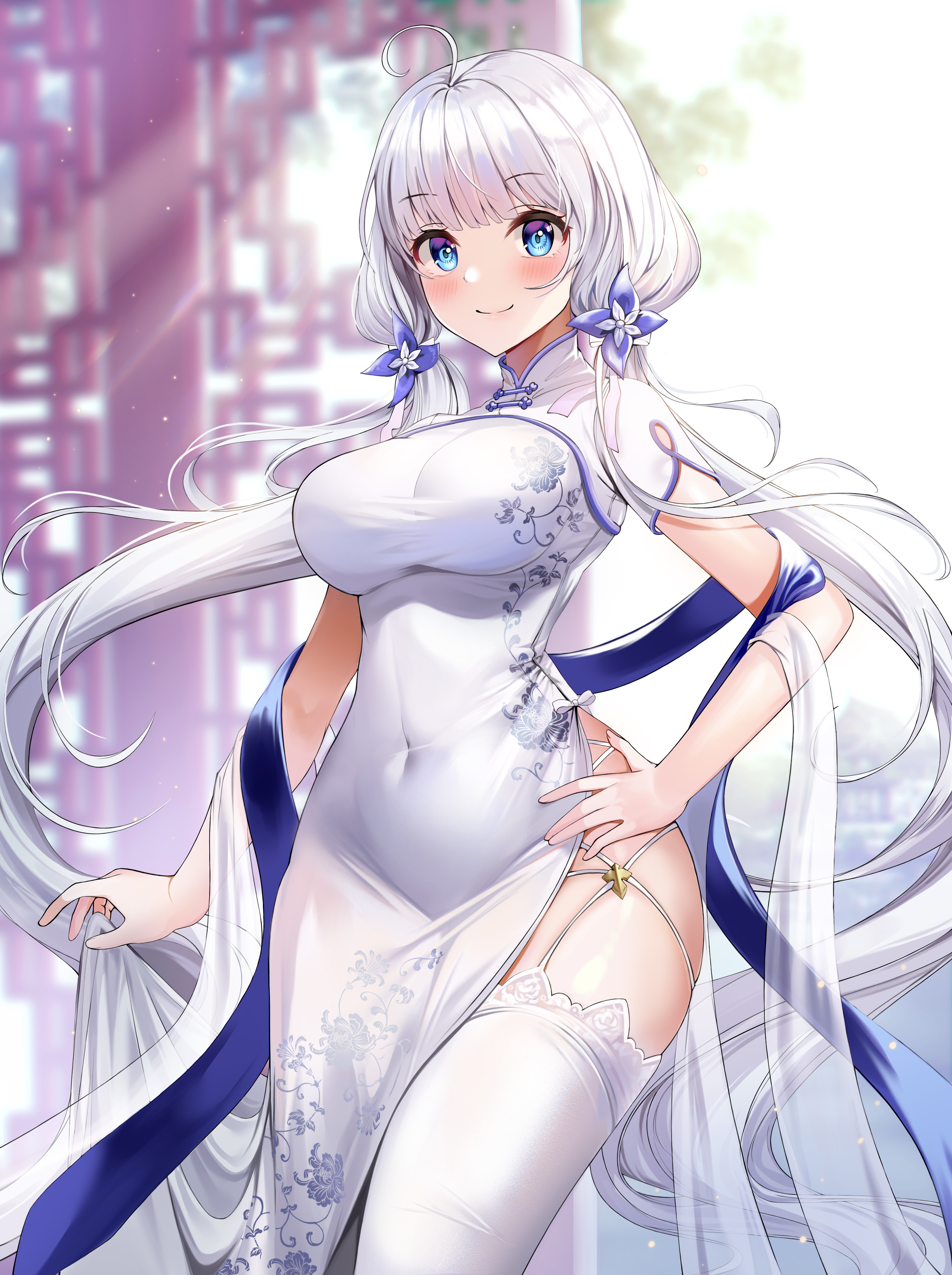 Anime Girls Azur Lane Illustrious Azur Lane Foka Chinese Dress White Hair Smiling Long Hair 2956x3957