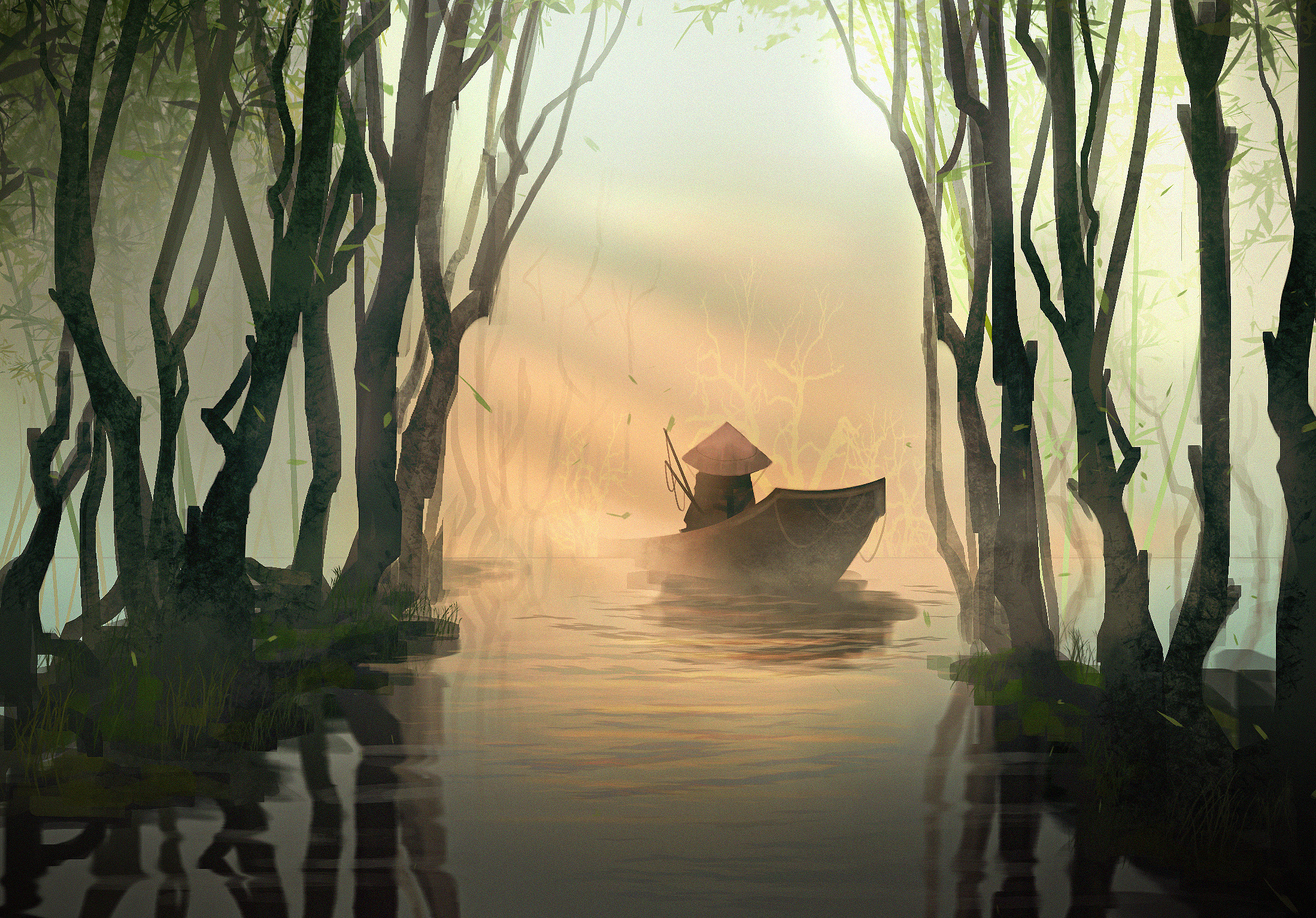 Fantasy Art Forest Fisherman Sunrise Water RuefulRaptor Artwork Asia 2198x1534