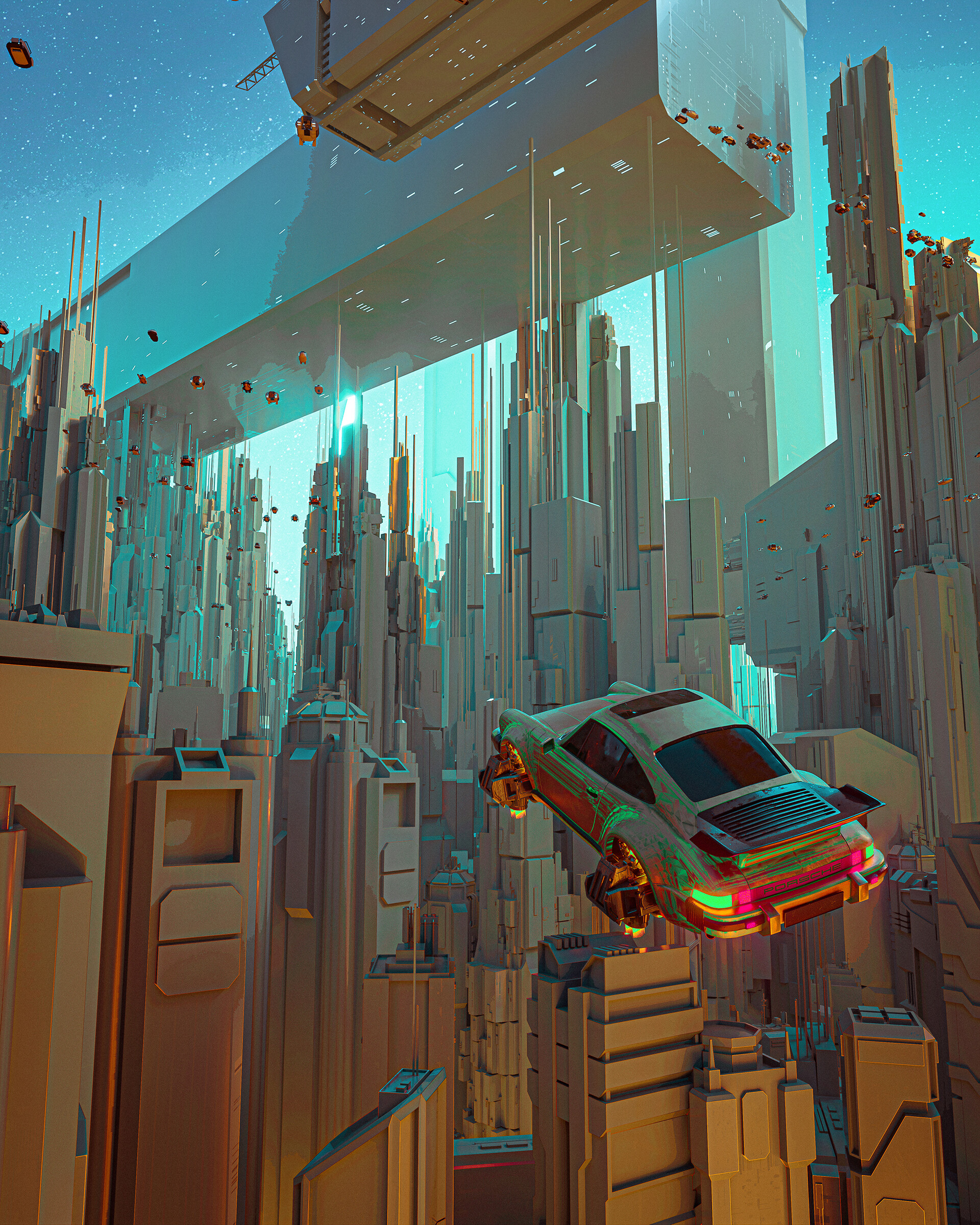 Science Fiction Artwork Cityscape Futuristic City Car Vehicle CGi Render Porsche Flying Car 1920x2400