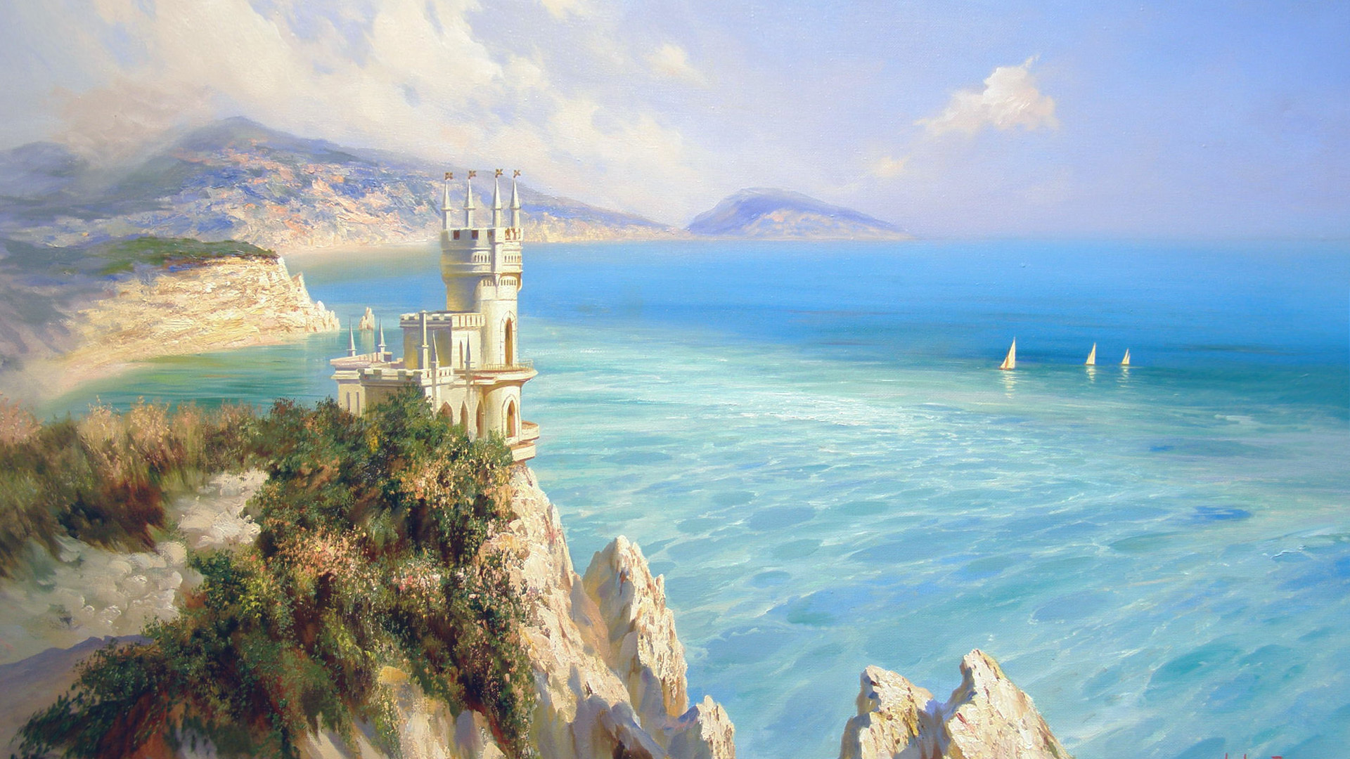 Artistic Castle Fantasy Horizon Landscape Mountain Ocean Painting 1920x1080