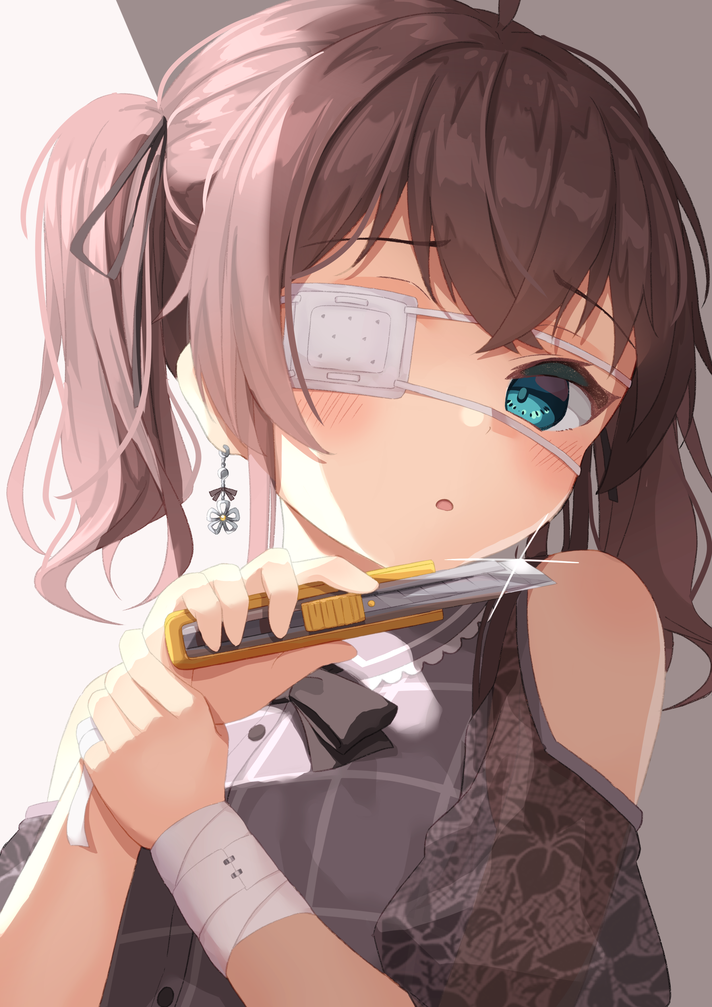 Anime Girls Hololive Virtual Youtuber Natsuiro Matsuri Eyepatches Blue Eyes Brunette Pigtails Knife  2480x3508