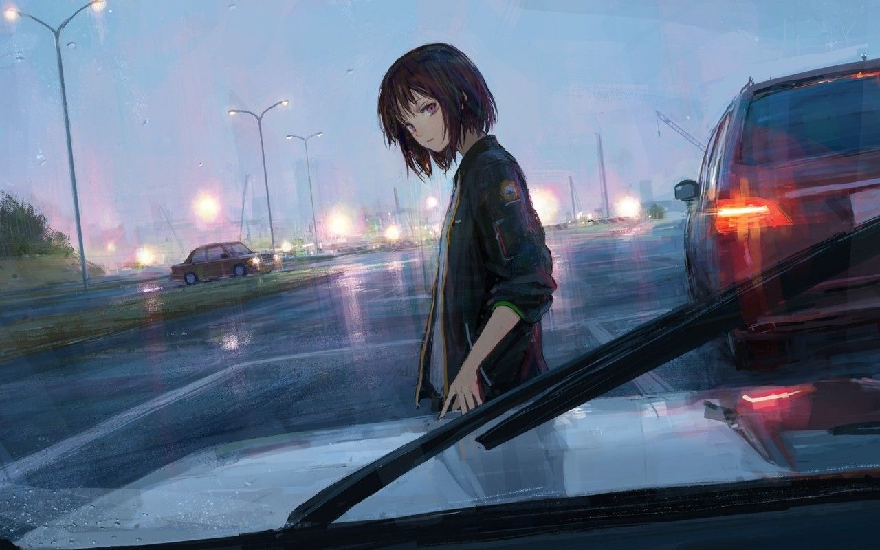 Anime Girls Car Road Rain Short Hair Shion Mirudakemann 1280x800